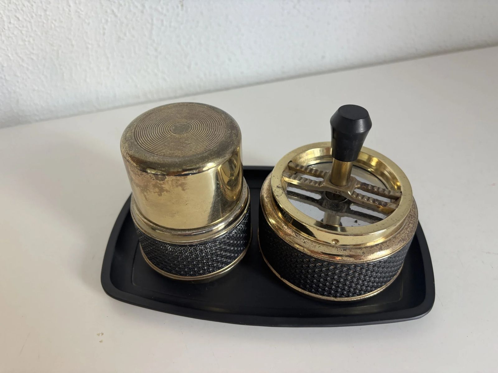 Vintage 1970s Smoking Set — Spinning Top Ashtray + Cigarette Box On A Metal Tray — Brass & Black Bakelite photo for sale