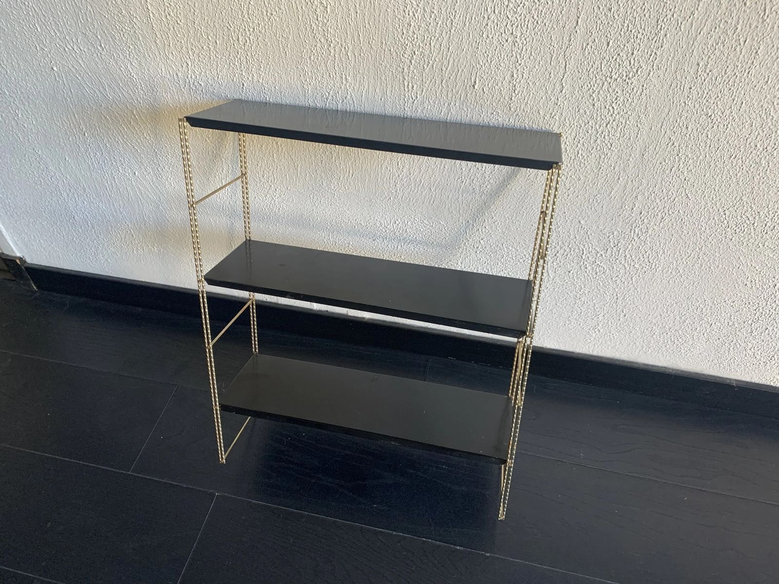 Vintage 1960s String Wall Shelf, Black And Gold   60 X 48 Cm photo furniture