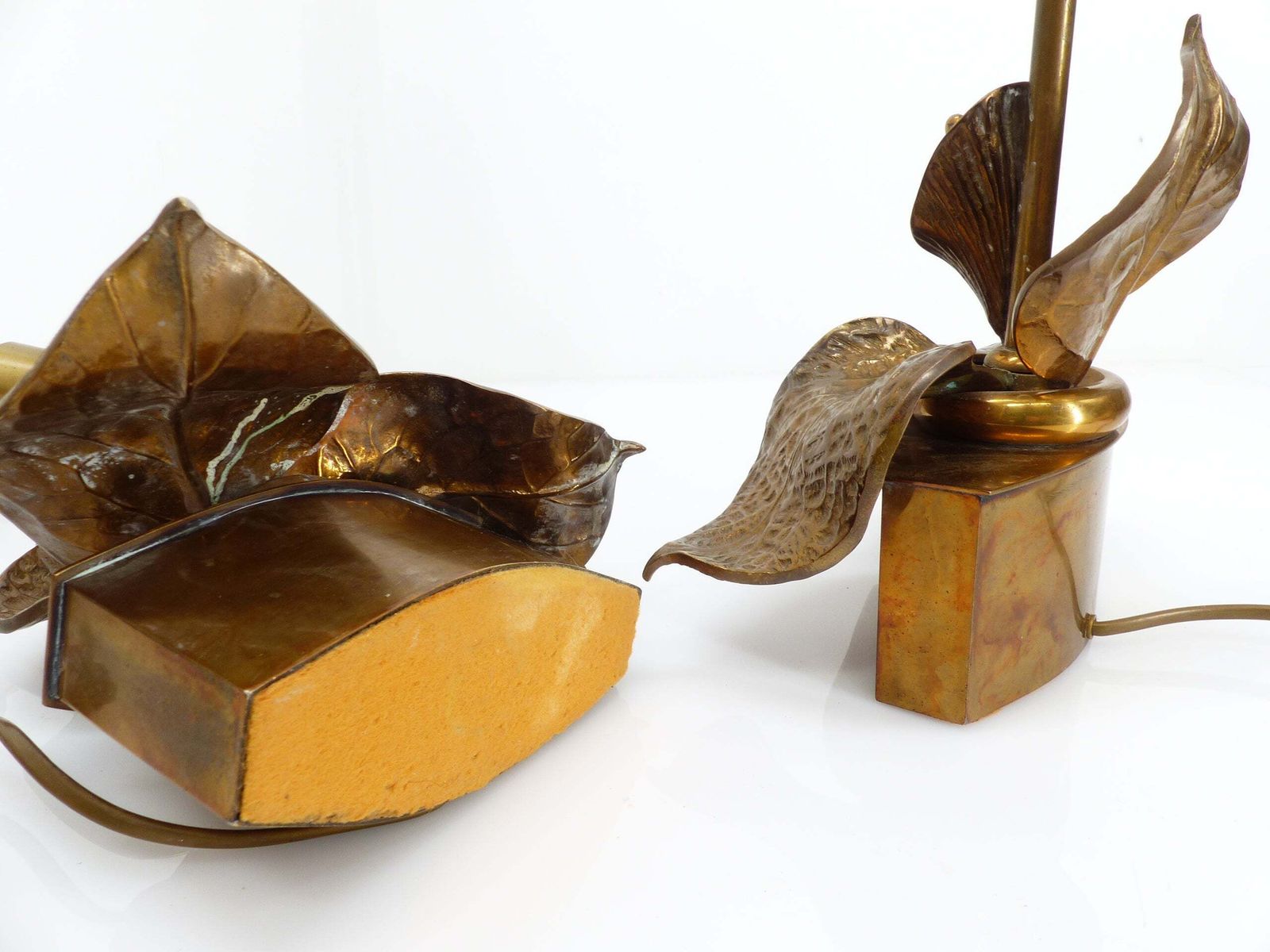 photo furniture Pair Of Hammered Brass Floral Lamps, French Organic Brutalist Work, Circa 1970