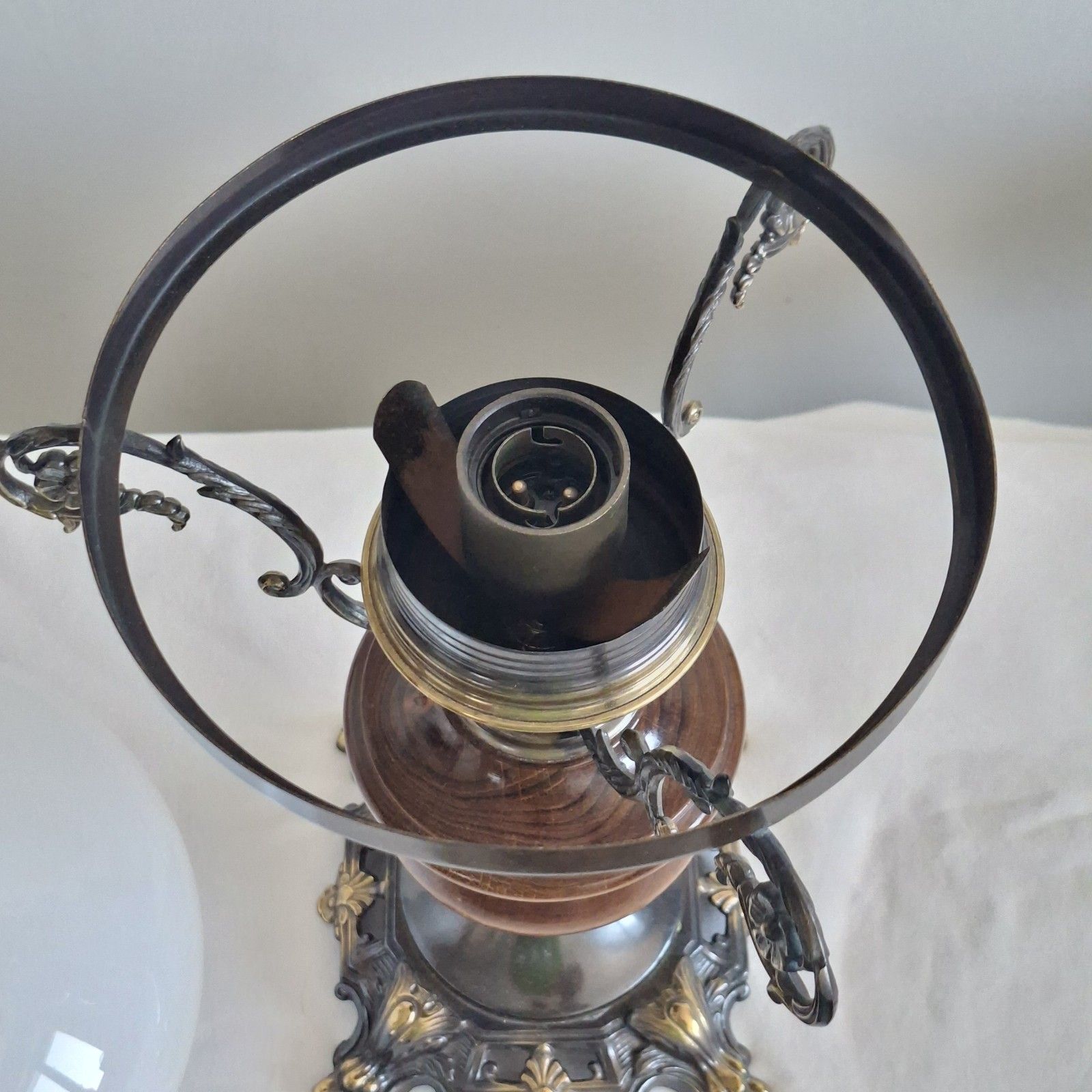 Italian Electric Oil Style Table Lamp Turned Wood Glass Shade Vintage Lighting photo vinterior