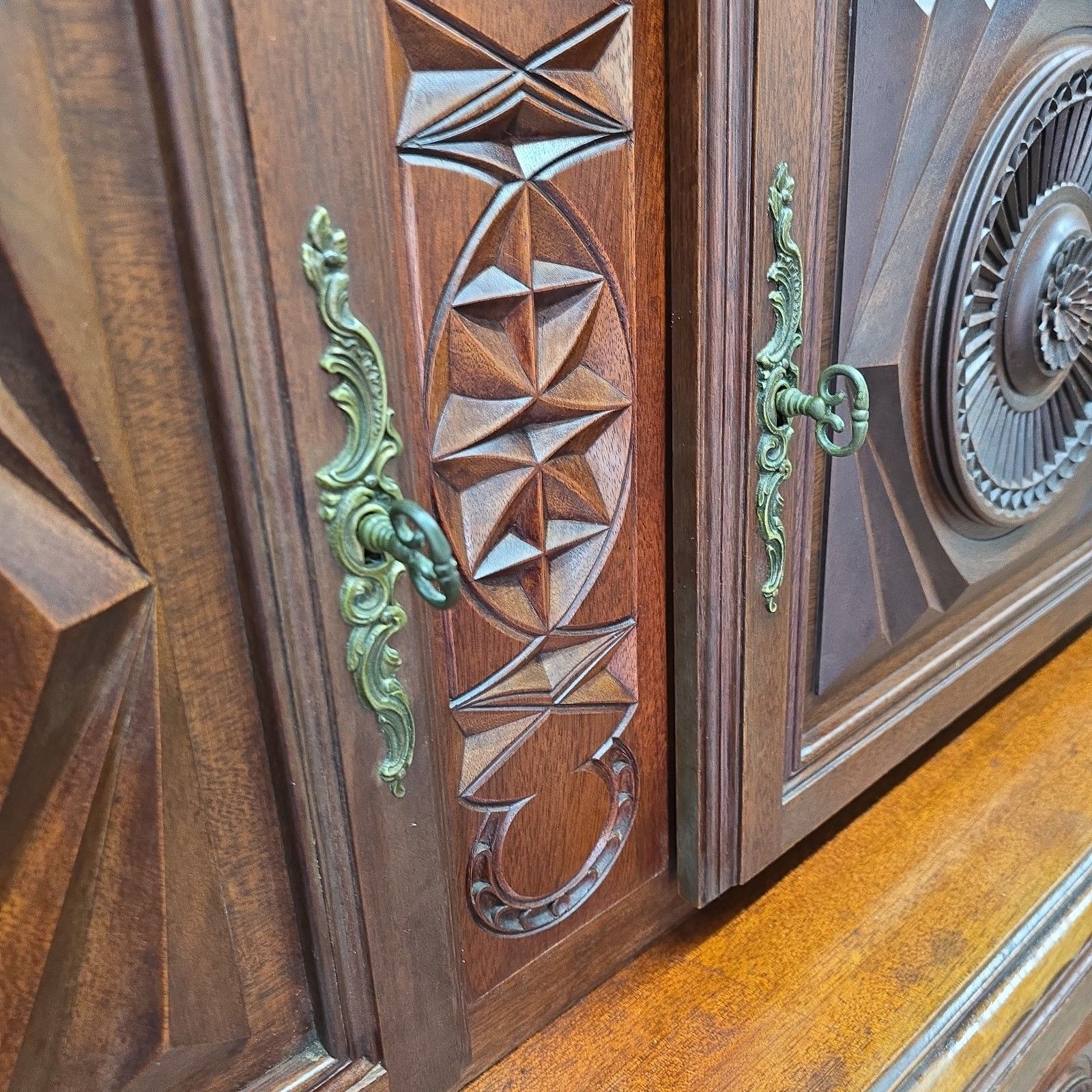 Furniture Vintage French Buffet Cabinet Large Carved Solid Walnut Wooden Antique Revival photo