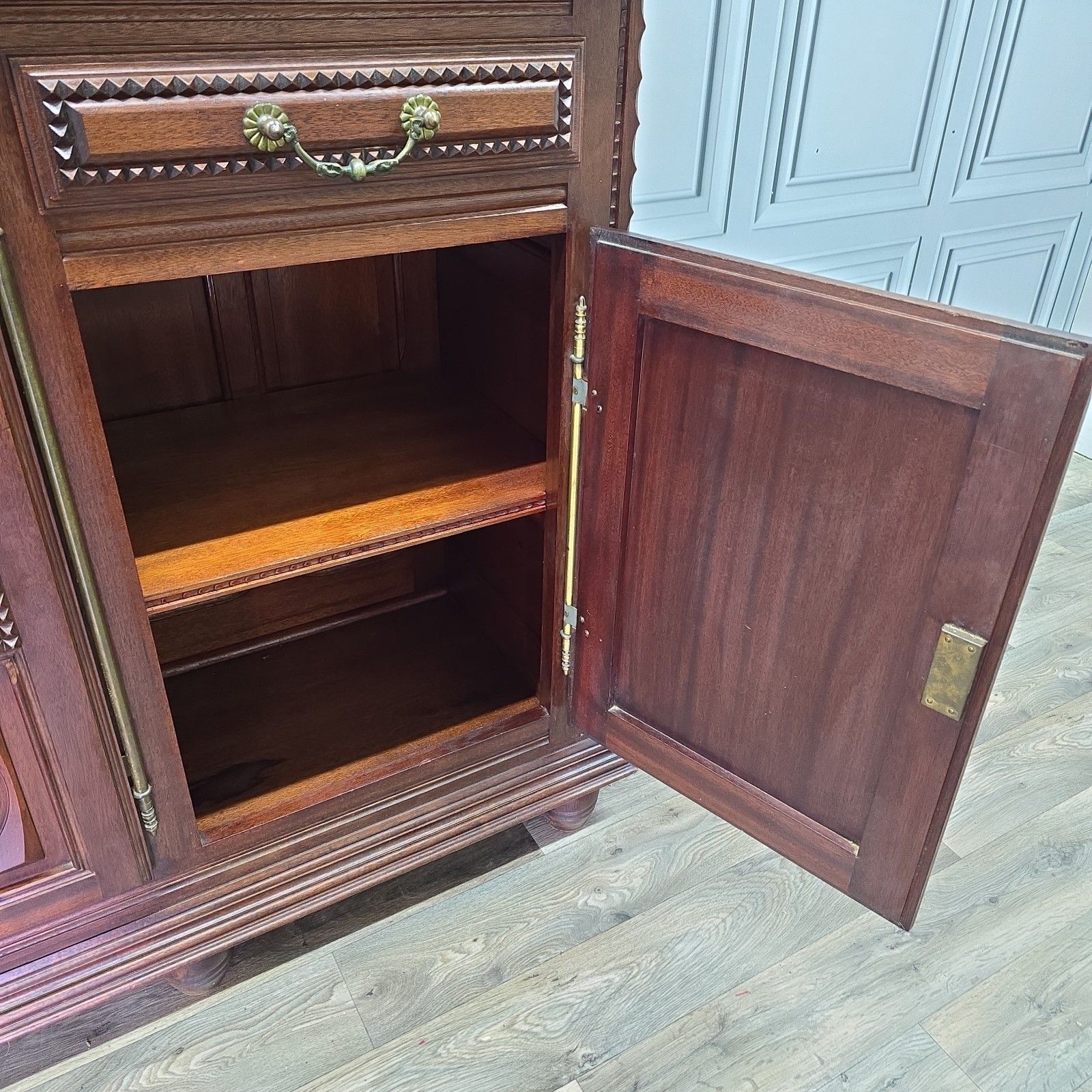 1295.0 Vintage French Buffet Cabinet Large Carved Solid Walnut Wooden Antique Revival photo