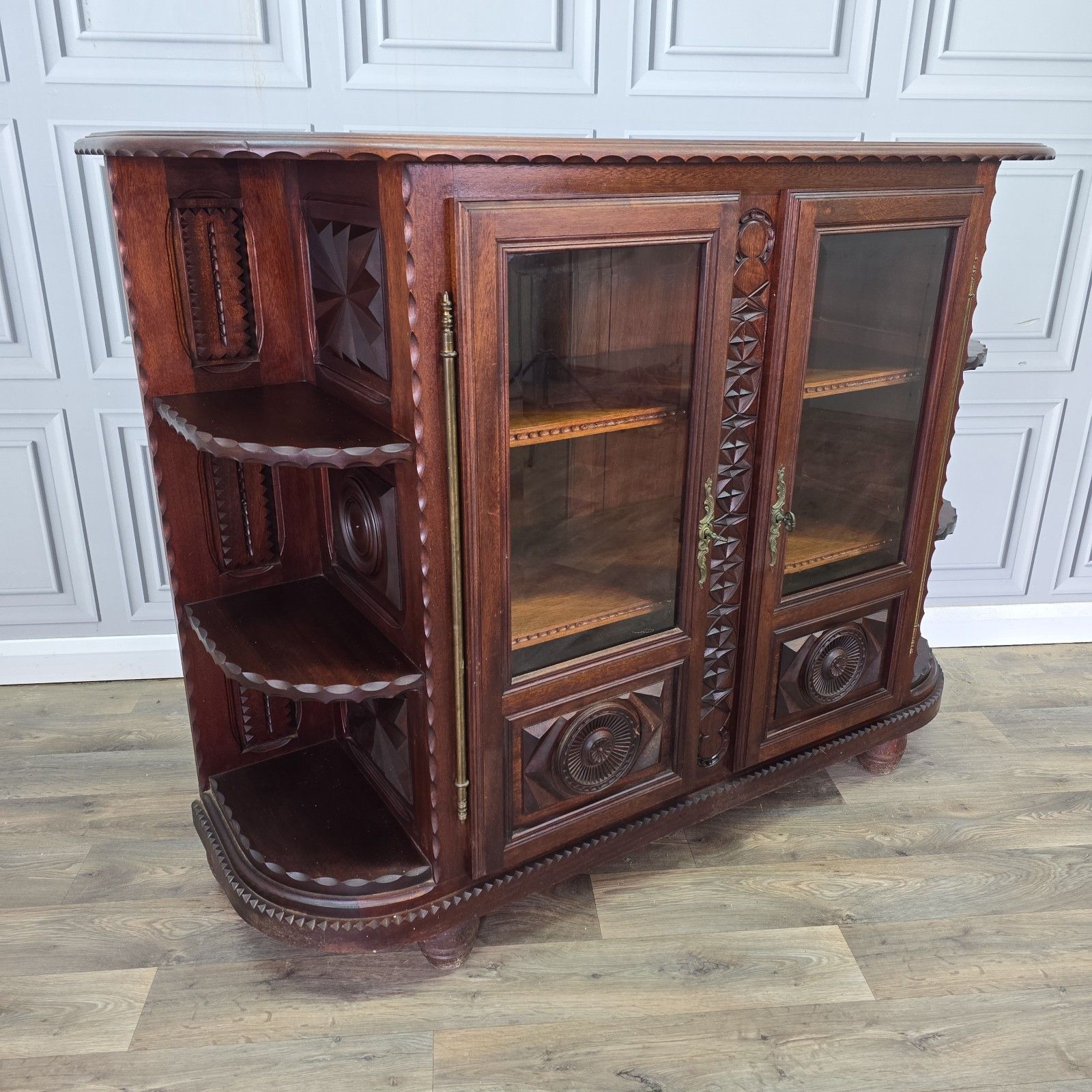 Vintage French Display Cabinet Carved Solid Walnut Henri II Antique Revival Wood