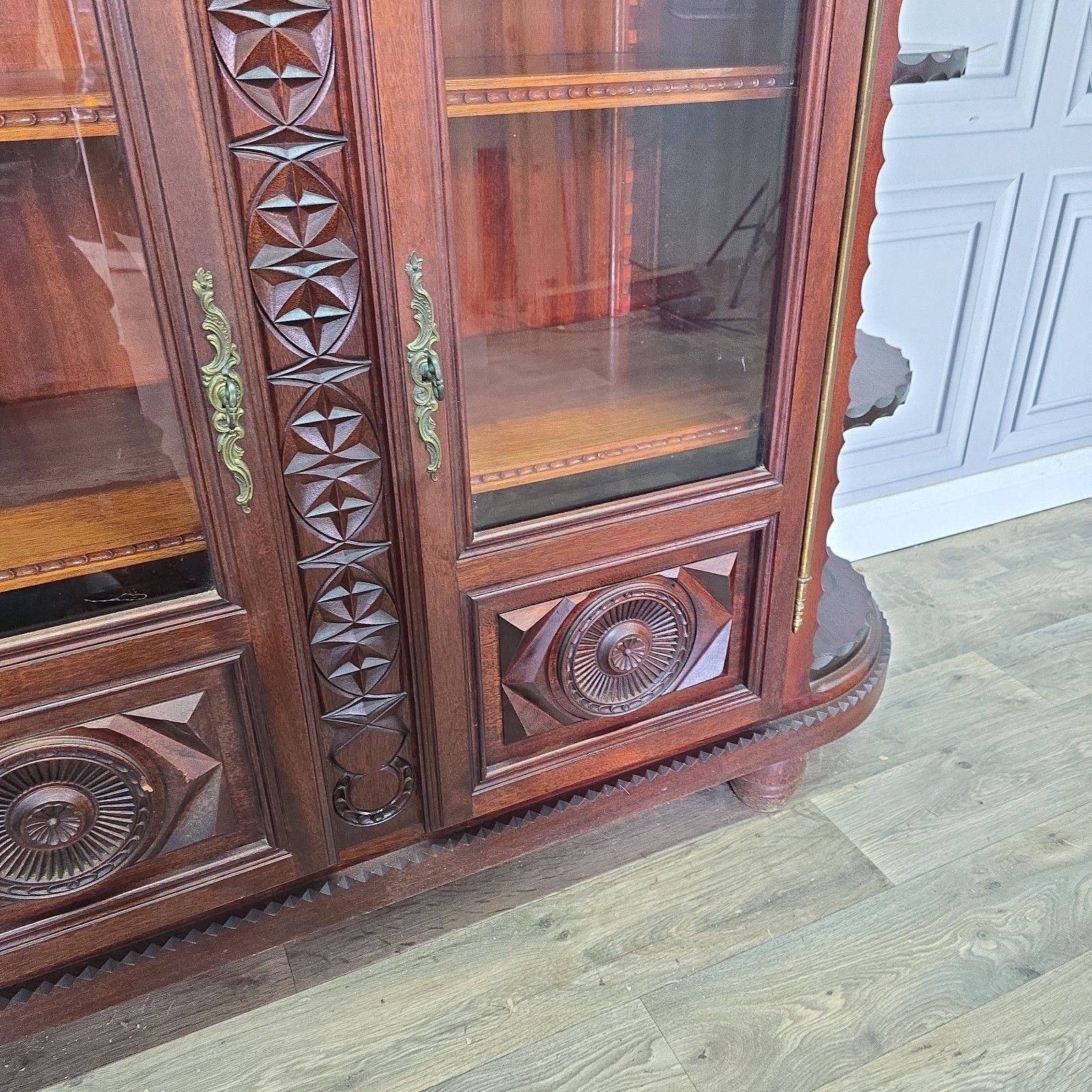 photo furniture Vintage French Display Cabinet Carved Solid Walnut Henri II Antique Revival Wood