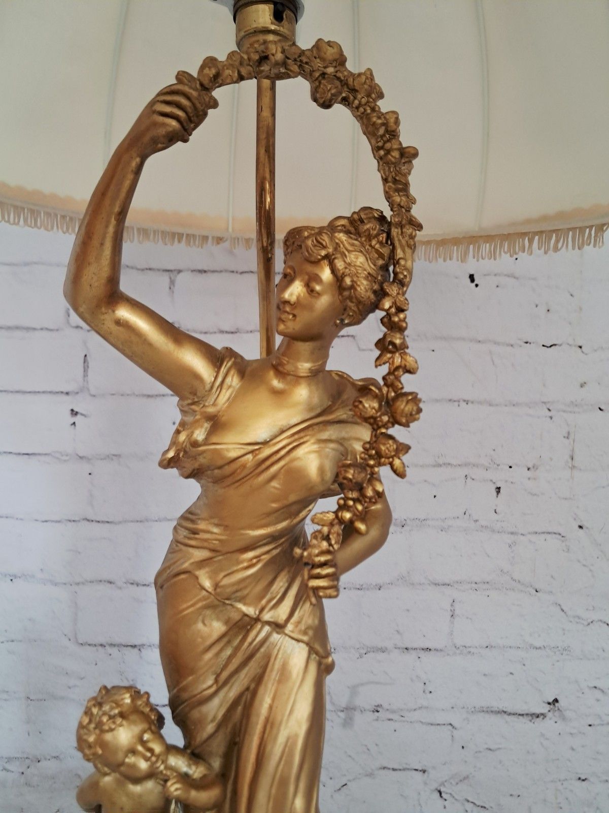 Antique French Gold Gilt  Sculpture Lady Lamp And Marble Clock Lavergne 1890 photo for sale