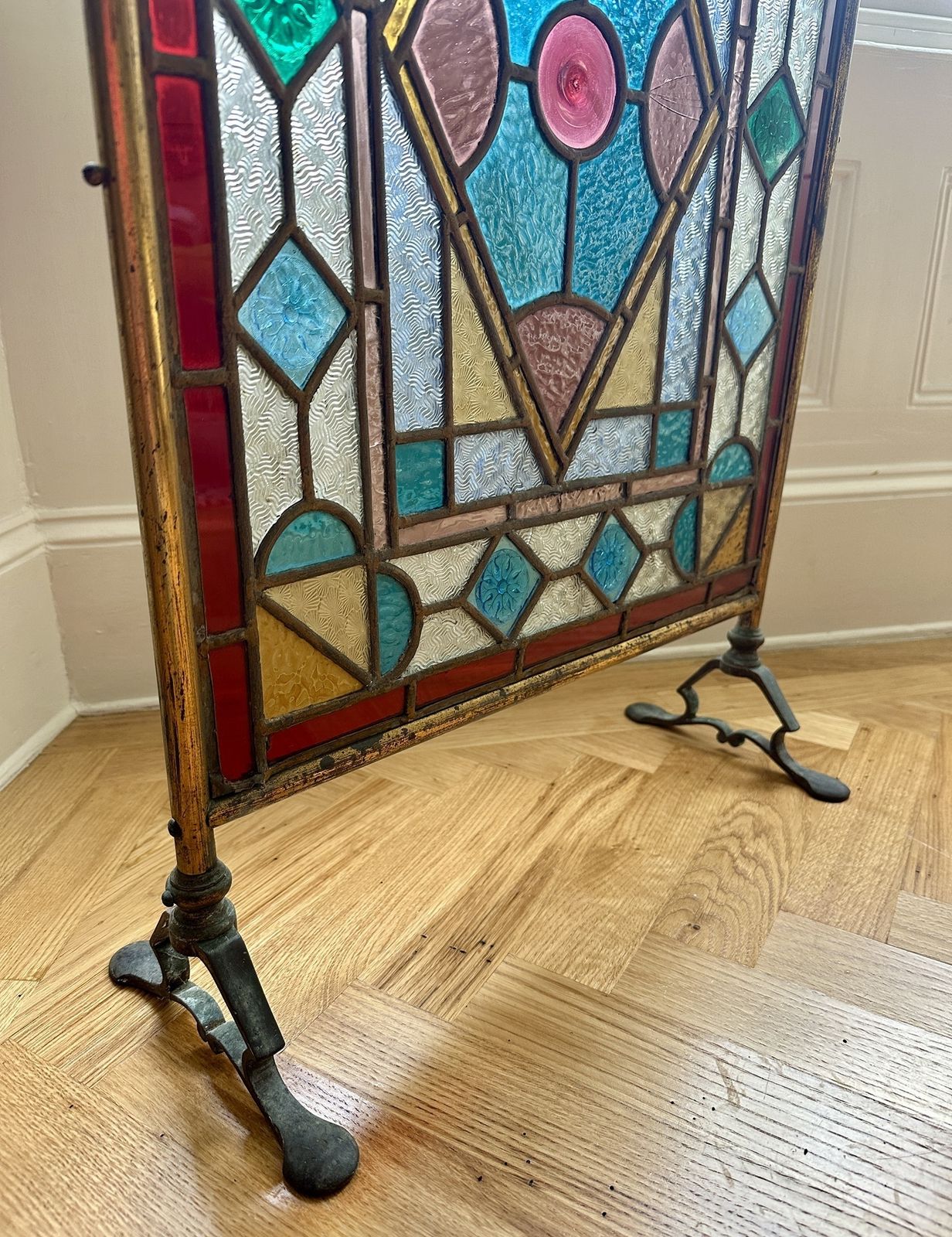 Arts & Crafts English Stained Glass Firescreen On Iron Stand photo Home Fixtures