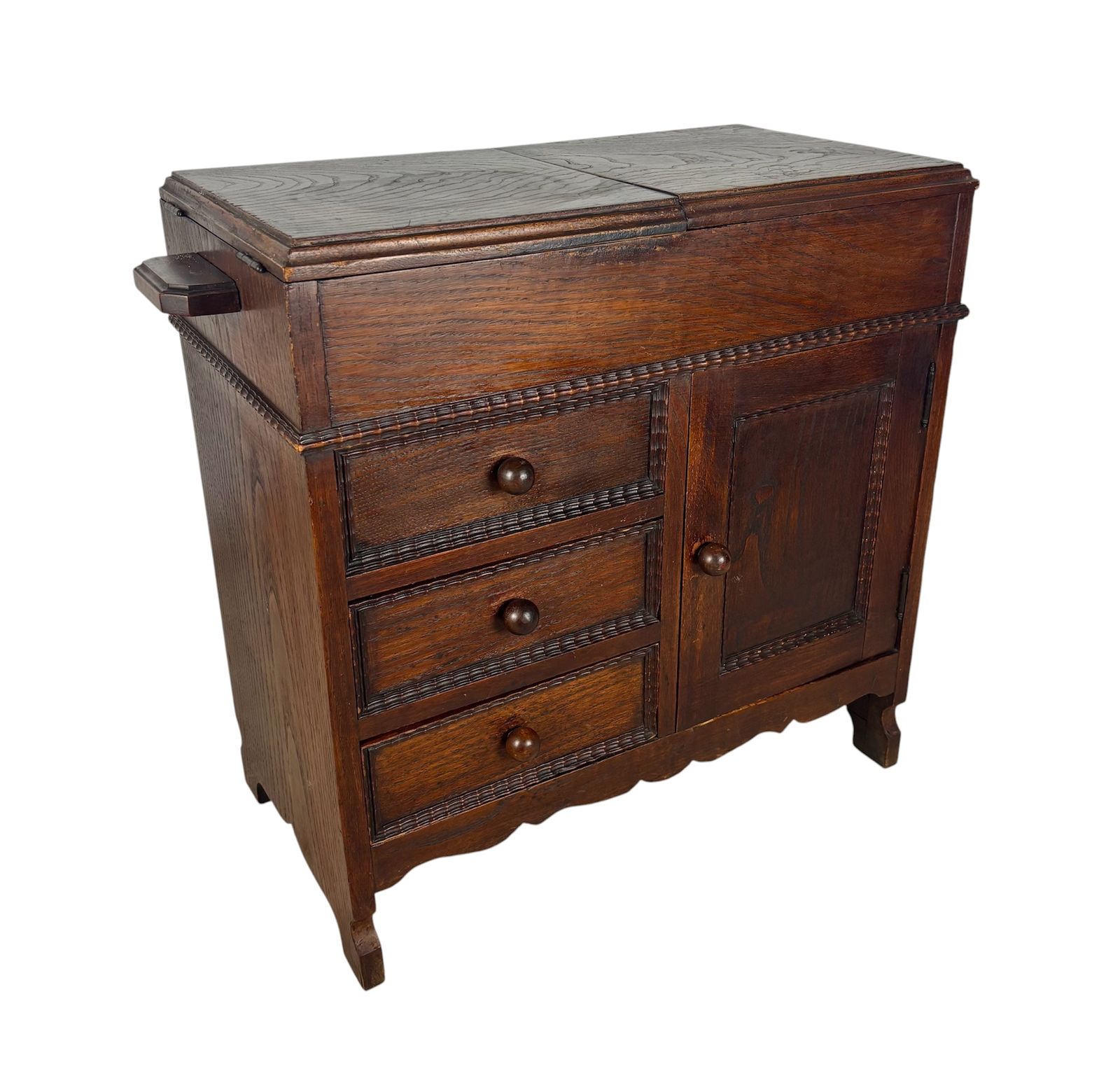 Spanish Oak Sewing Cabinet With Fabric Basket, Early 20th Century