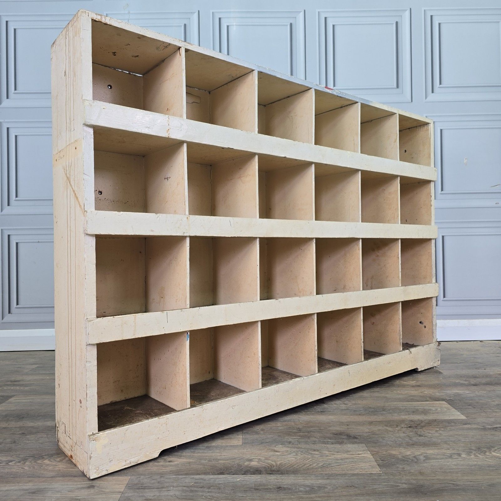 Vintage Workshop Pigeon Hole Shelving Unit Industrial Rustic Painted Wood Retro