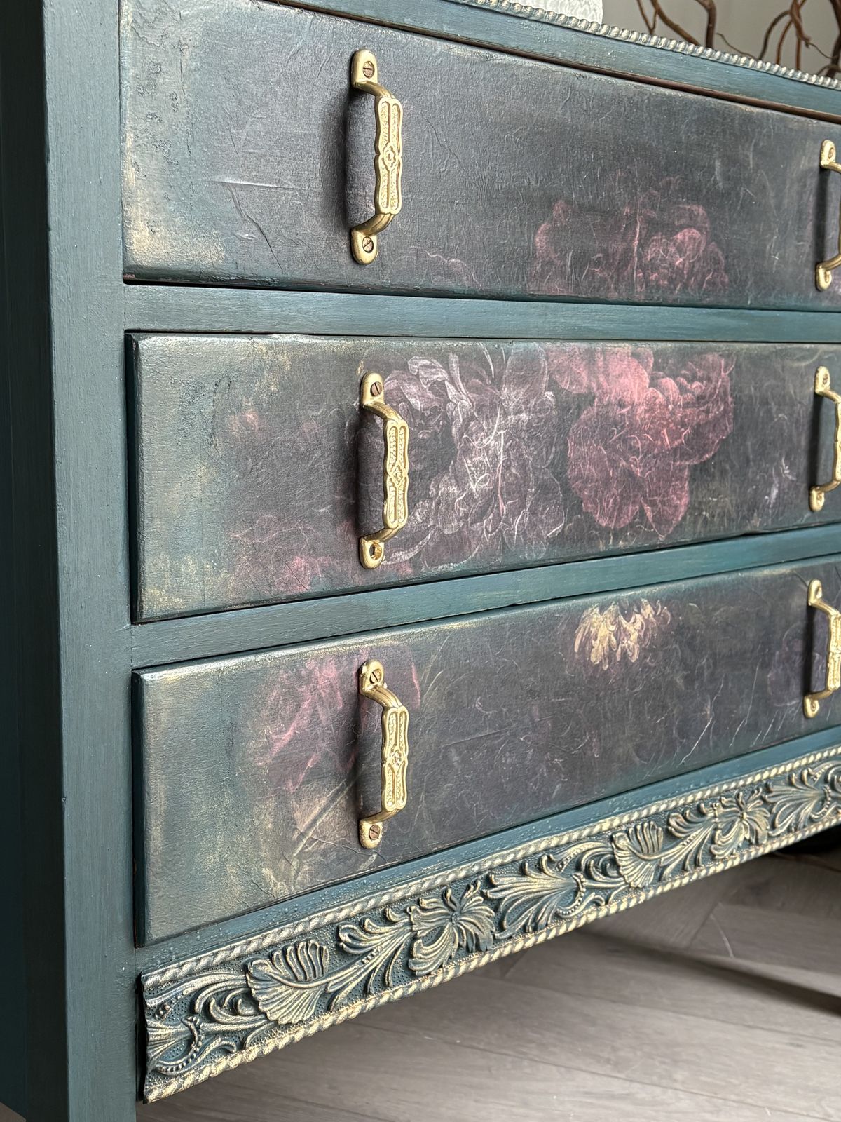 Oak Chest Of Drawers, Hand Painted, Floral Details photo for sale