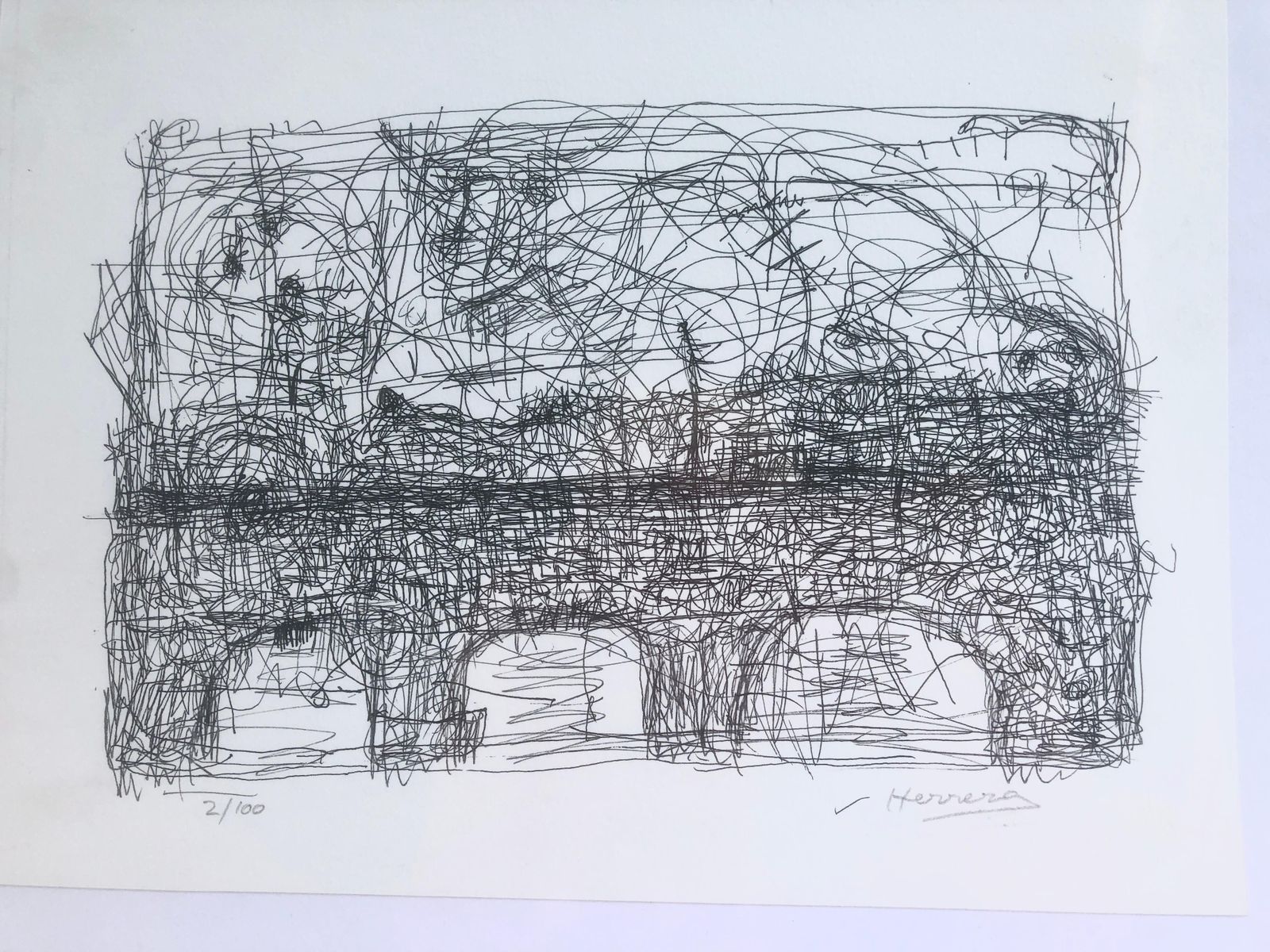 Lithographie expressionniste abstraite Pont et rivière de Jose Antonio Herrera Alcazar, art contemporain espagnol, vers 2010 photo vintage