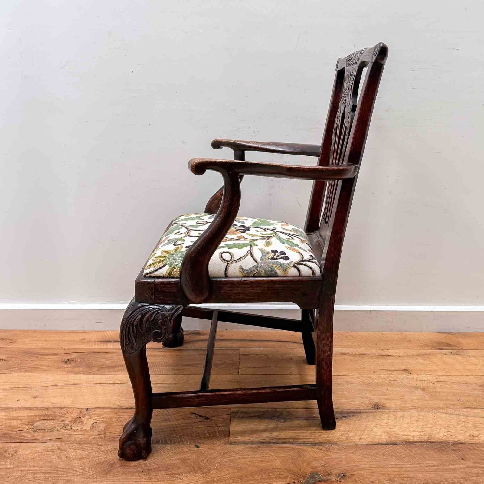 photo furniture Antique Oak Carved Chair With Crewel Work Seat