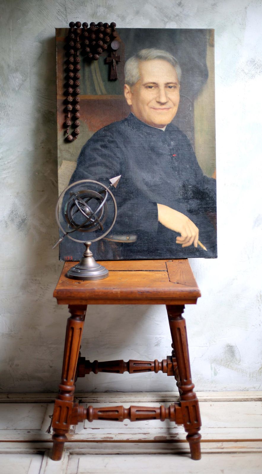 Art Original Antique Male Portrait Painting Of French Priest Large Oil On Canvas Religious Man photo