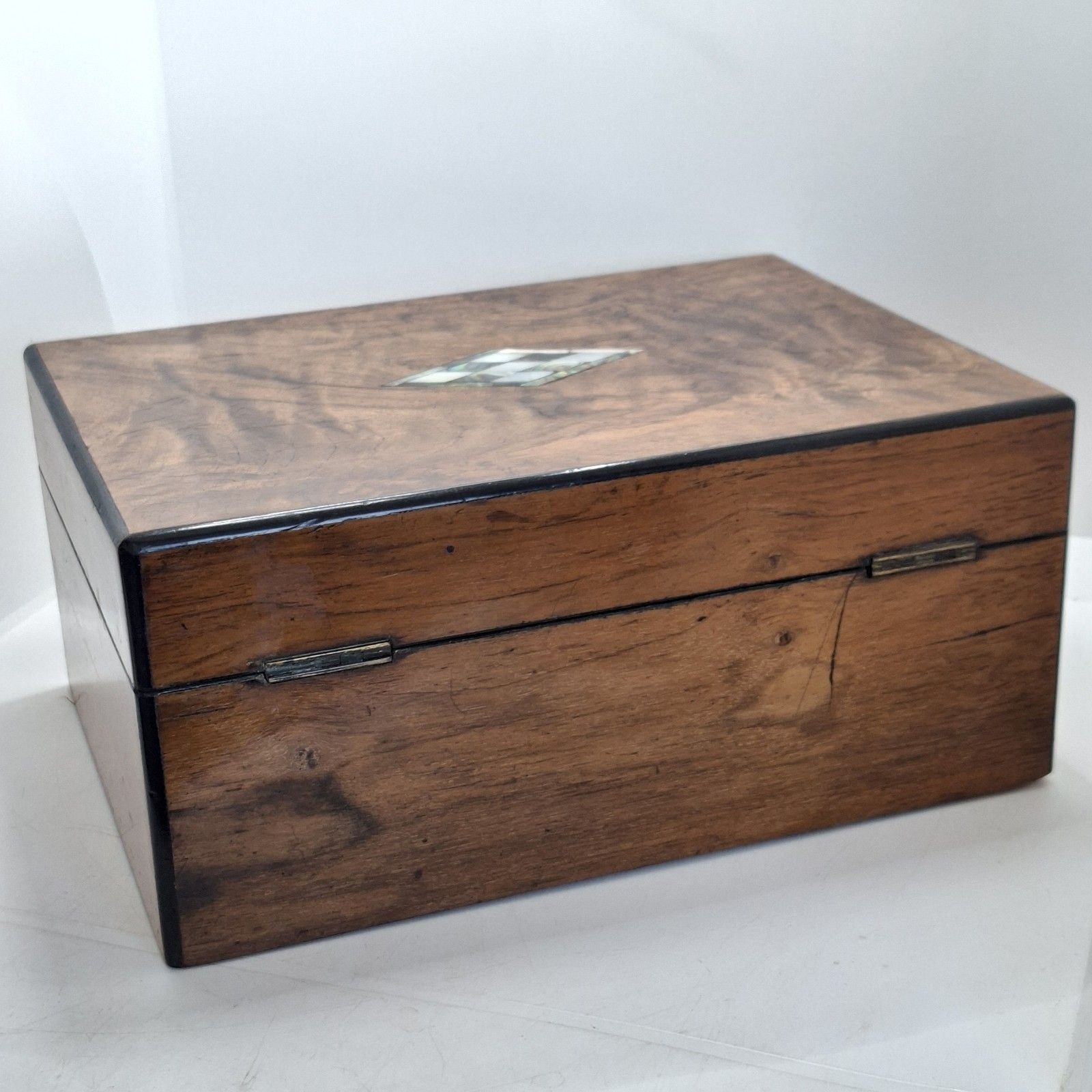 Victorian Walnut Jewellery Box Mother Of Pearl Inlay With Key Antique photo for sale