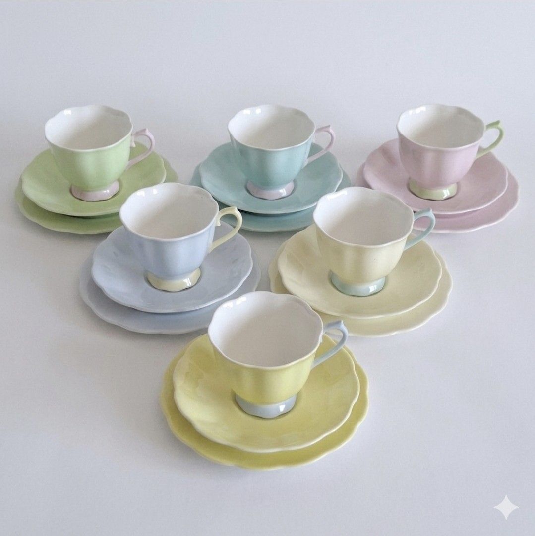 Royal Albert Fine China Tea Cup Set Pastel Harlequin Trios Vintage 1950s