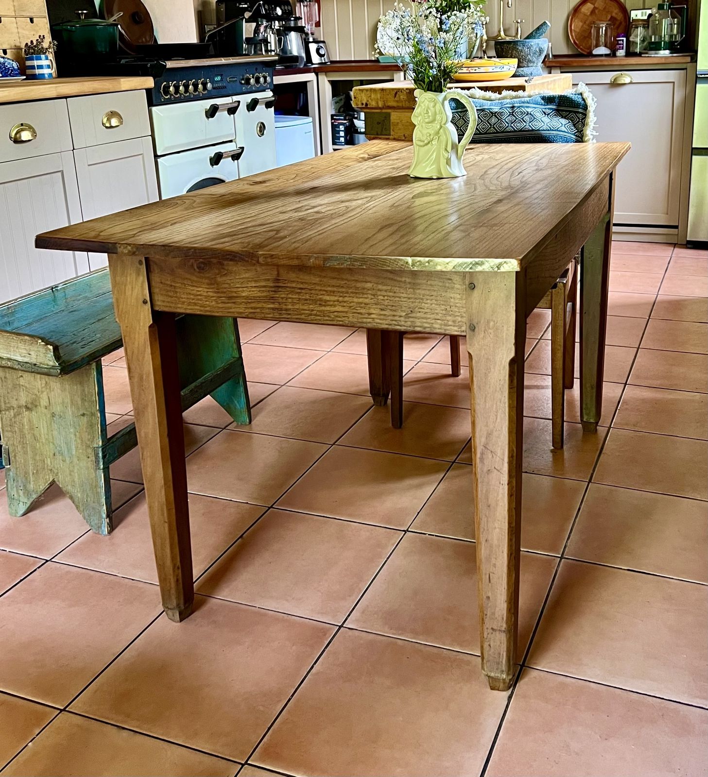650.0 Antique Rustic French Oak & Elm Country Farmhouse Kitchen Dining Table On Tapered Legs photo