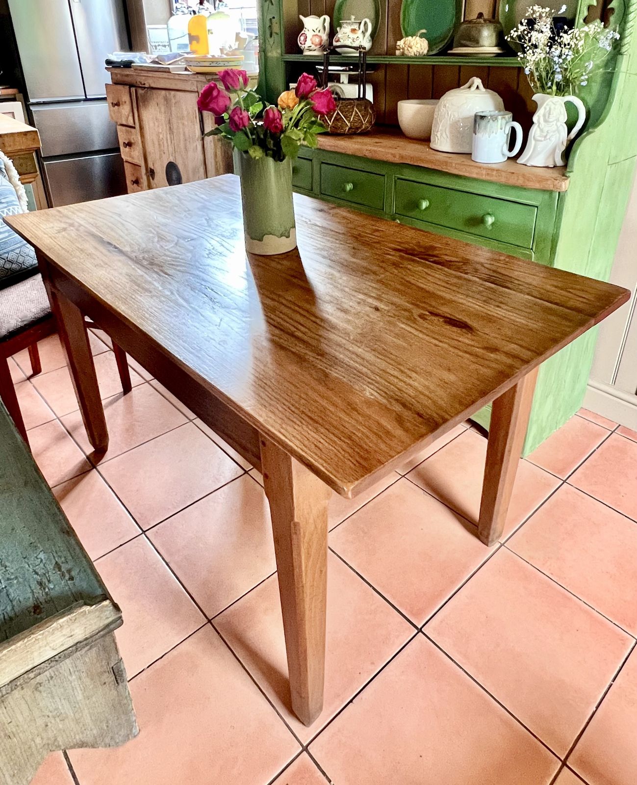 Furniture Antique Rustic French Oak & Elm Country Farmhouse Kitchen Dining Table On Tapered Legs photo