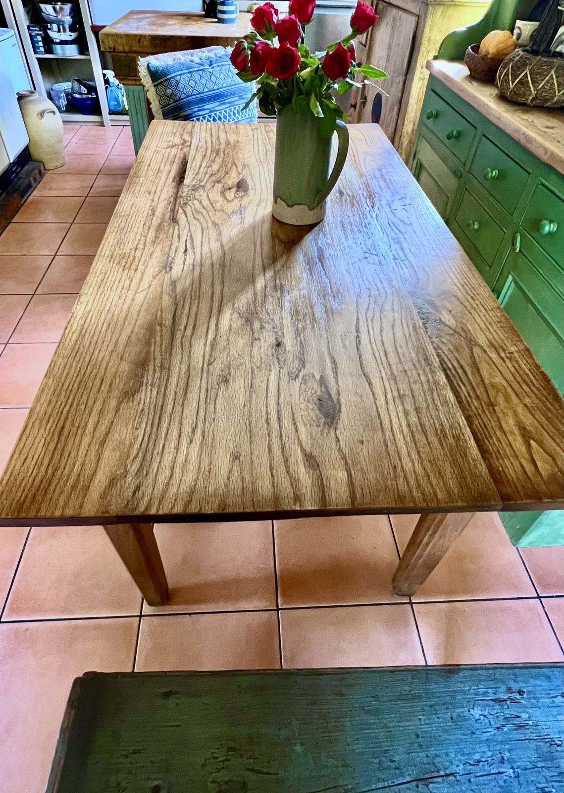 photo vintage Antique Rustic French Oak & Elm Country Farmhouse Kitchen Dining Table On Tapered Legs