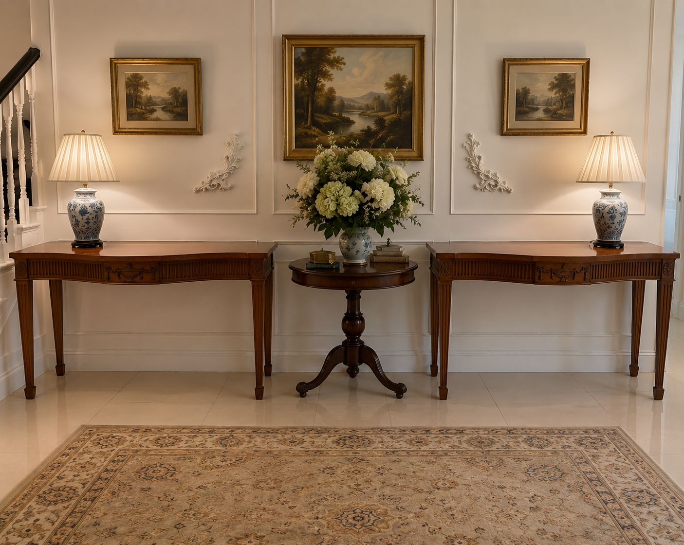 Antique Mahogany Pair Of Serpentine Serving Tables With Carving photo furniture