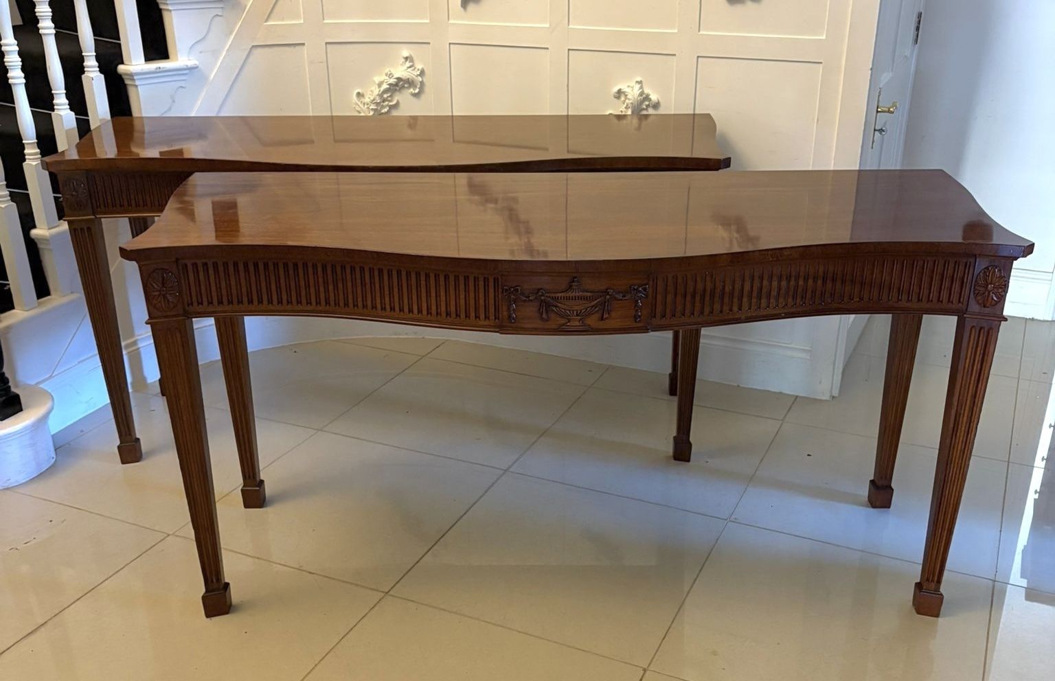 Antique Mahogany Pair Of Serpentine Serving Tables With Carving