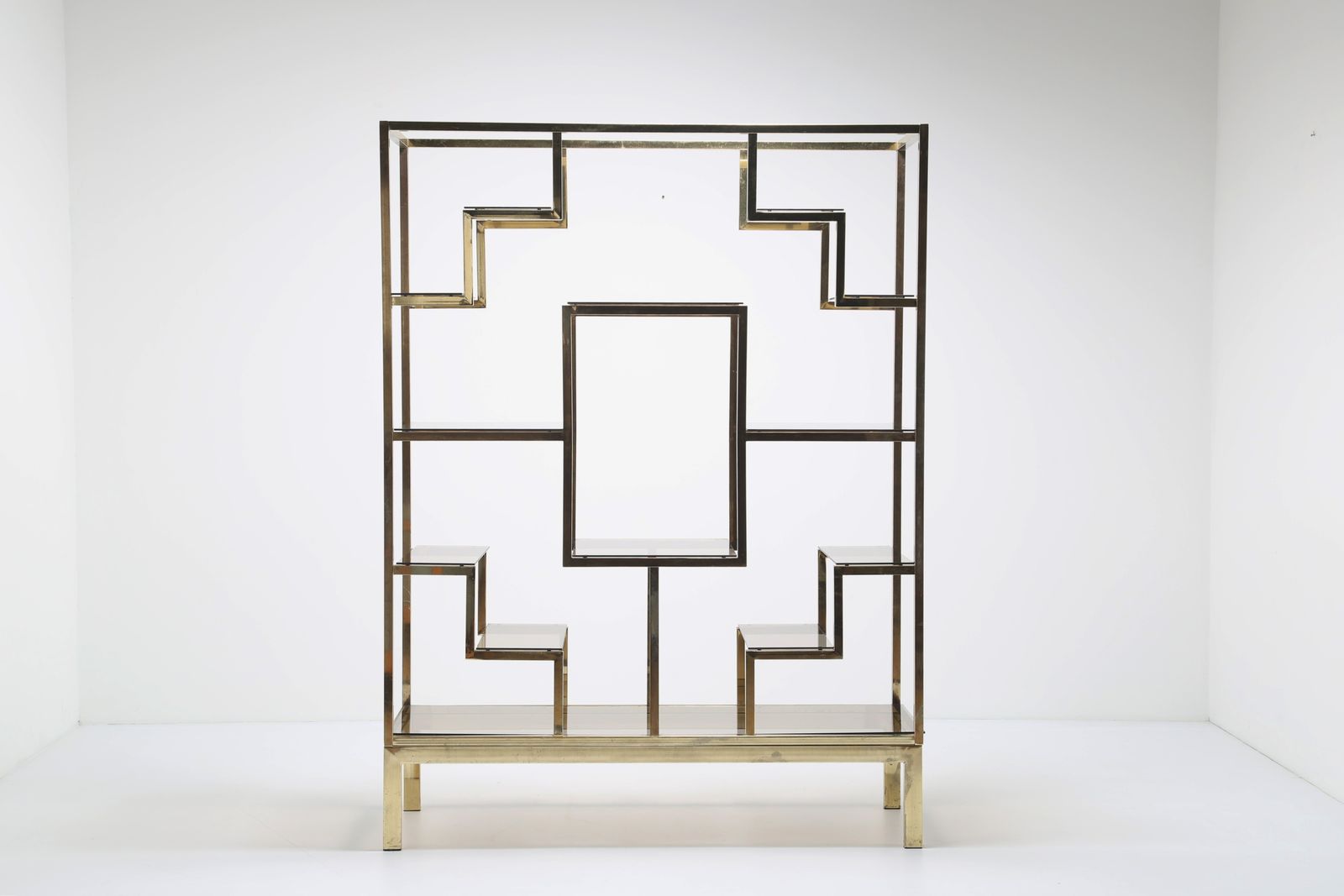 Mid Century Modern Italian Brass étagère Display Shelves With Glass Inserts By Romeo Rega, 1970s