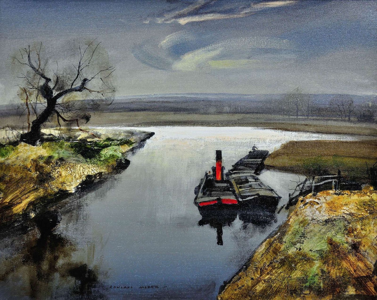 Rowland Hilder 1905 To 1993. British. River Bure, Norfolk. East Anglia. 1950s Framed Oil Painting Of The Norfolk Broads Landscape. Tugboat And Barges.