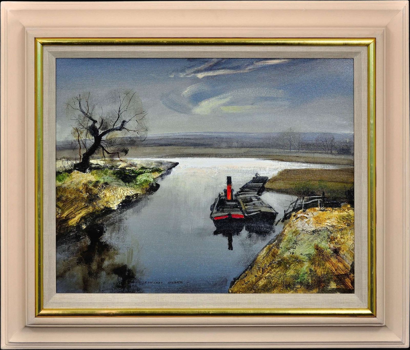 Rowland Hilder 1905 To 1993. British. River Bure, Norfolk. East Anglia. 1950s Framed Oil Painting Of The Norfolk Broads Landscape. Tugboat And Barges. photo furniture