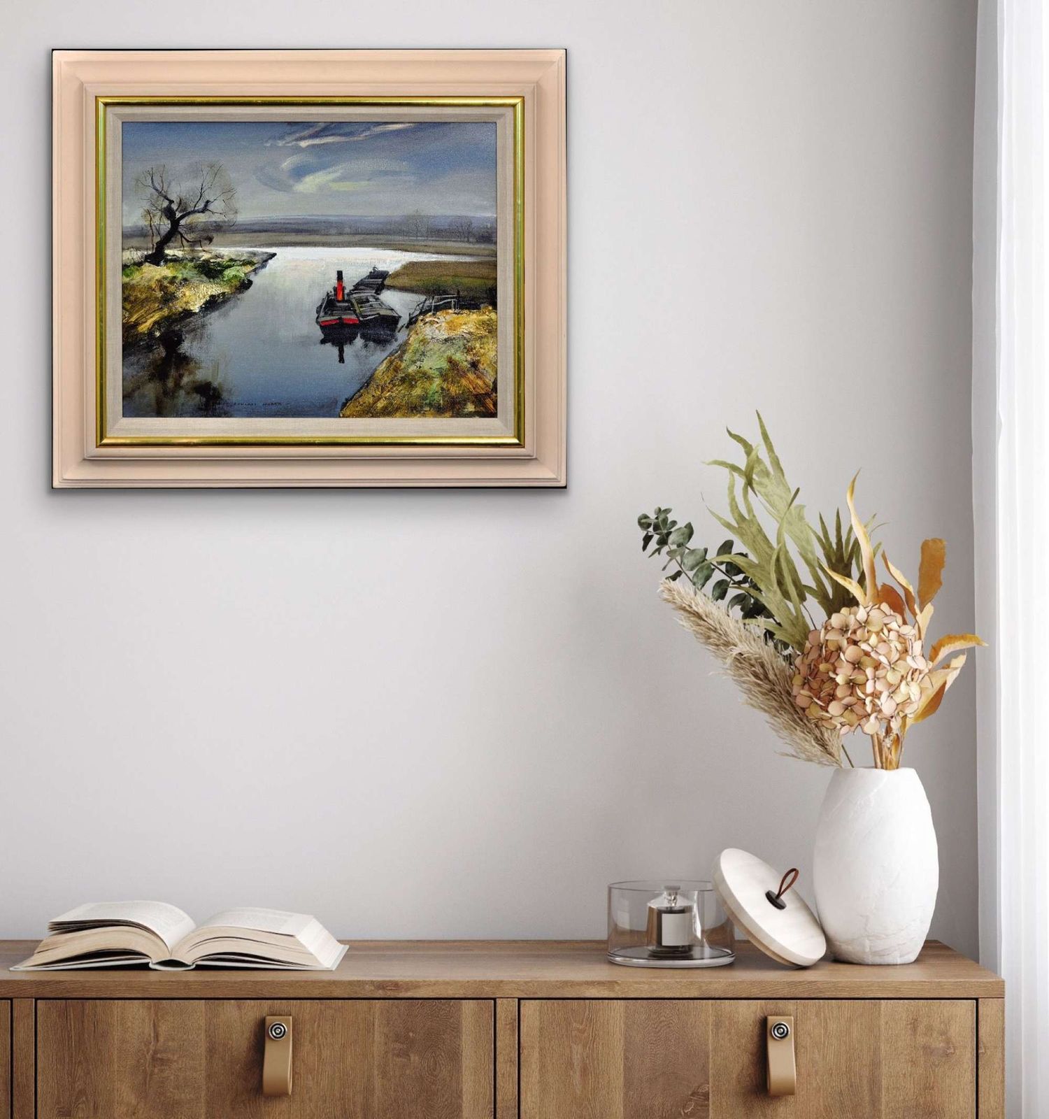 4895.0 Rowland Hilder 1905 To 1993. British. River Bure, Norfolk. East Anglia. 1950s Framed Oil Painting Of The Norfolk Broads Landscape. Tugboat And Barges. photo