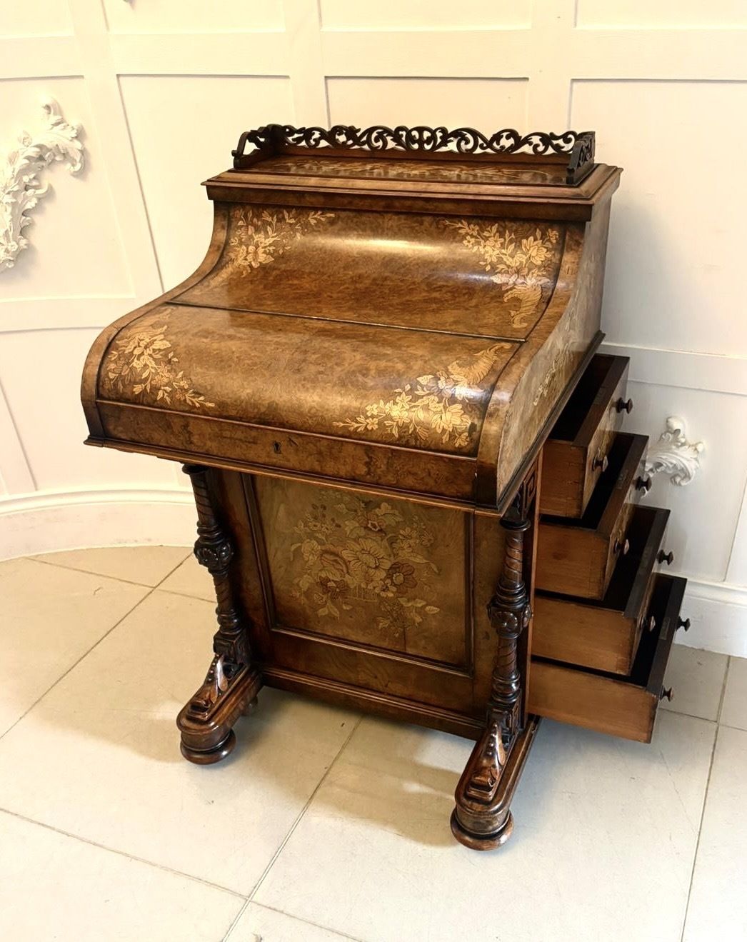 Antique 19th Century Burr Walnut Floral Marquetry Davenport photo vinterior