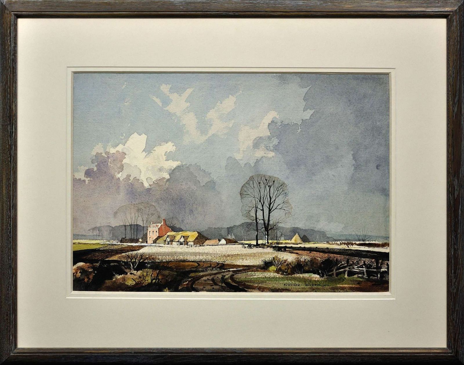 Rowland Hilder 1905 To 1993. Winter’s First Snowfall On A Kentish Farm. Framed Kent Landscape Watercolour Painting With Tall Elm Trees.