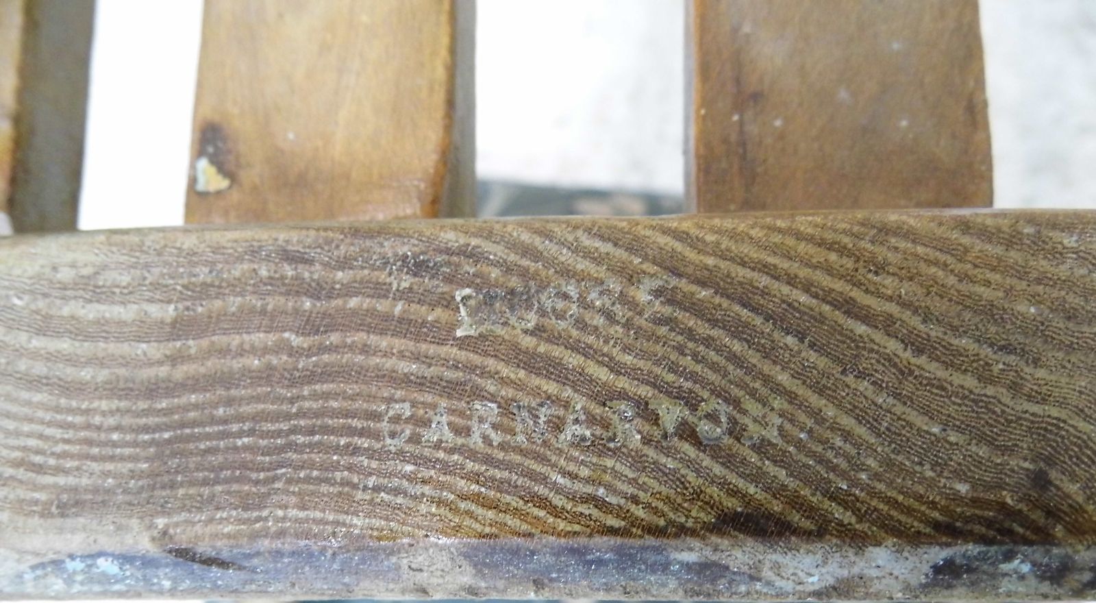 154.0 Antique Lathback Welsh Windsor Chair Elm Seat G H Moore Carnarvon Stamp 1920s photo