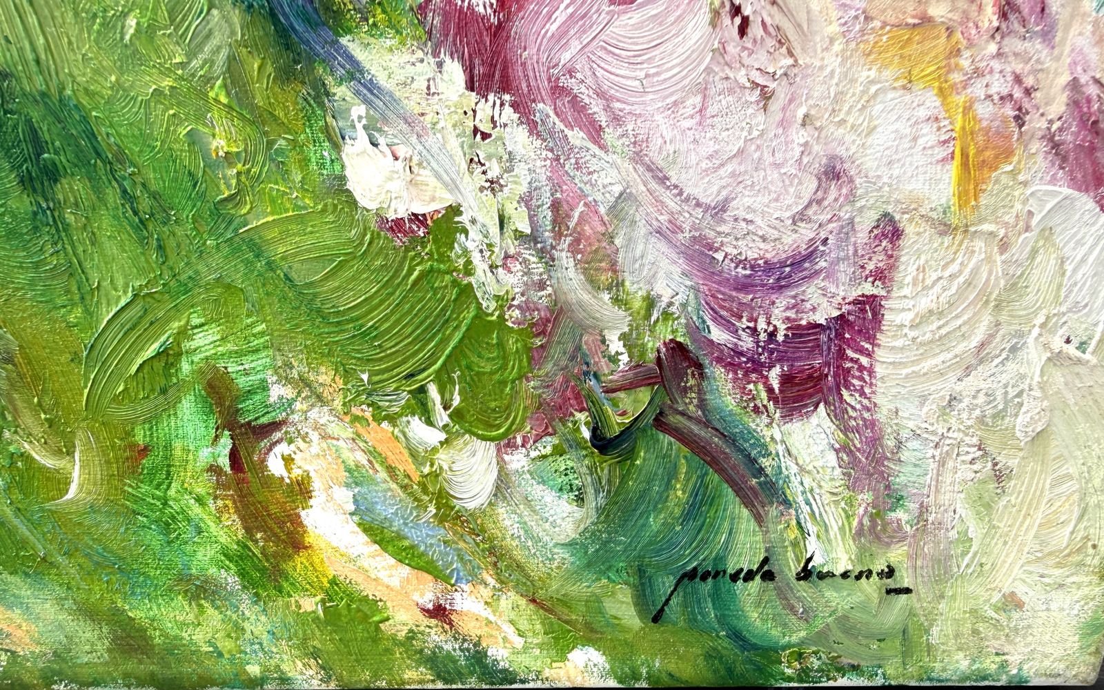 José Antonio Pineda Bueno, Jardin méditerranéen avec femme sous un amandier en fleurs, huile sur toile impressionniste, années 1990 photo furniture