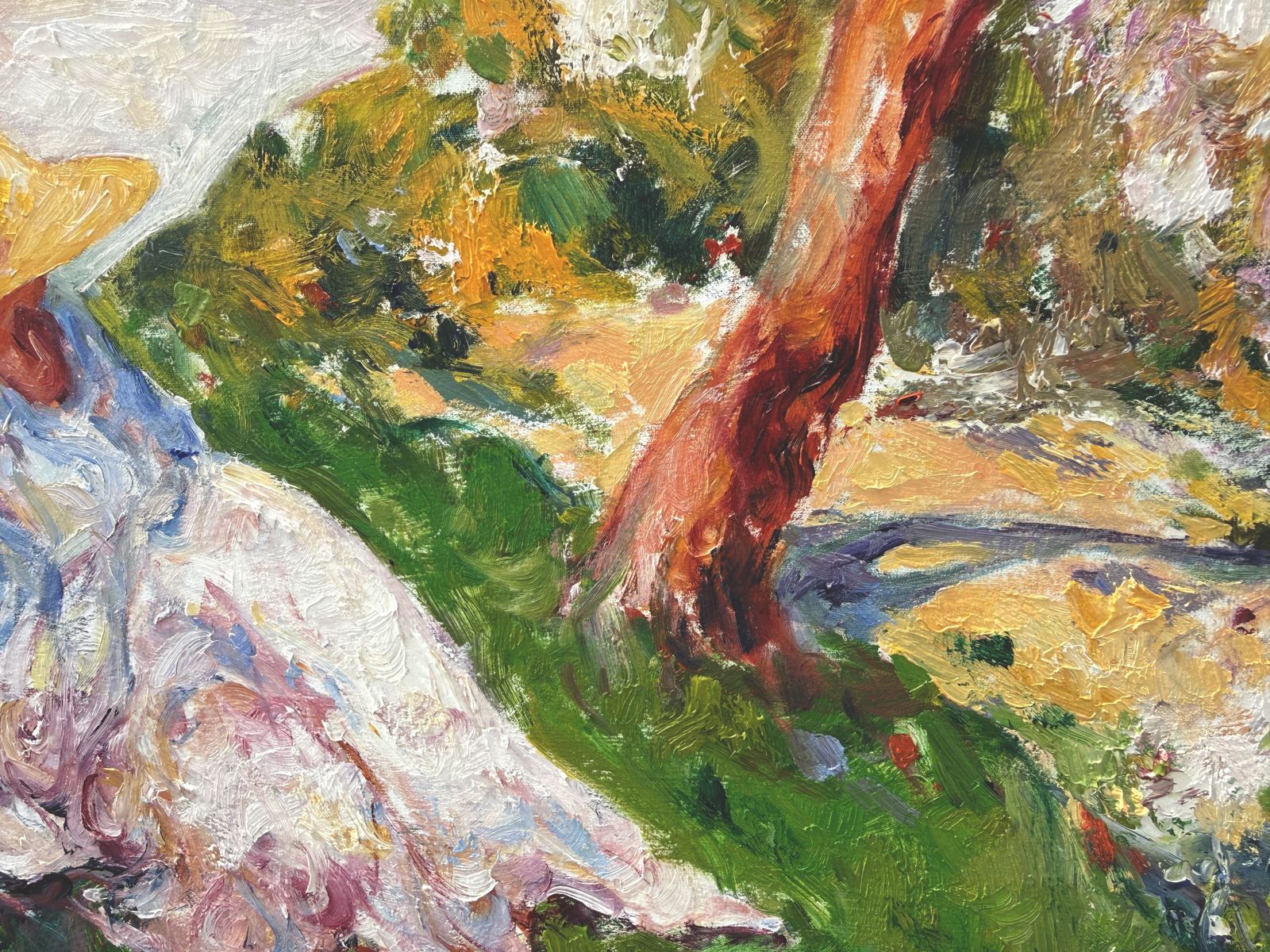 José Antonio Pineda Bueno, Jardin méditerranéen avec femme sous un amandier en fleurs, huile sur toile impressionniste, années 1990 photo vinterior