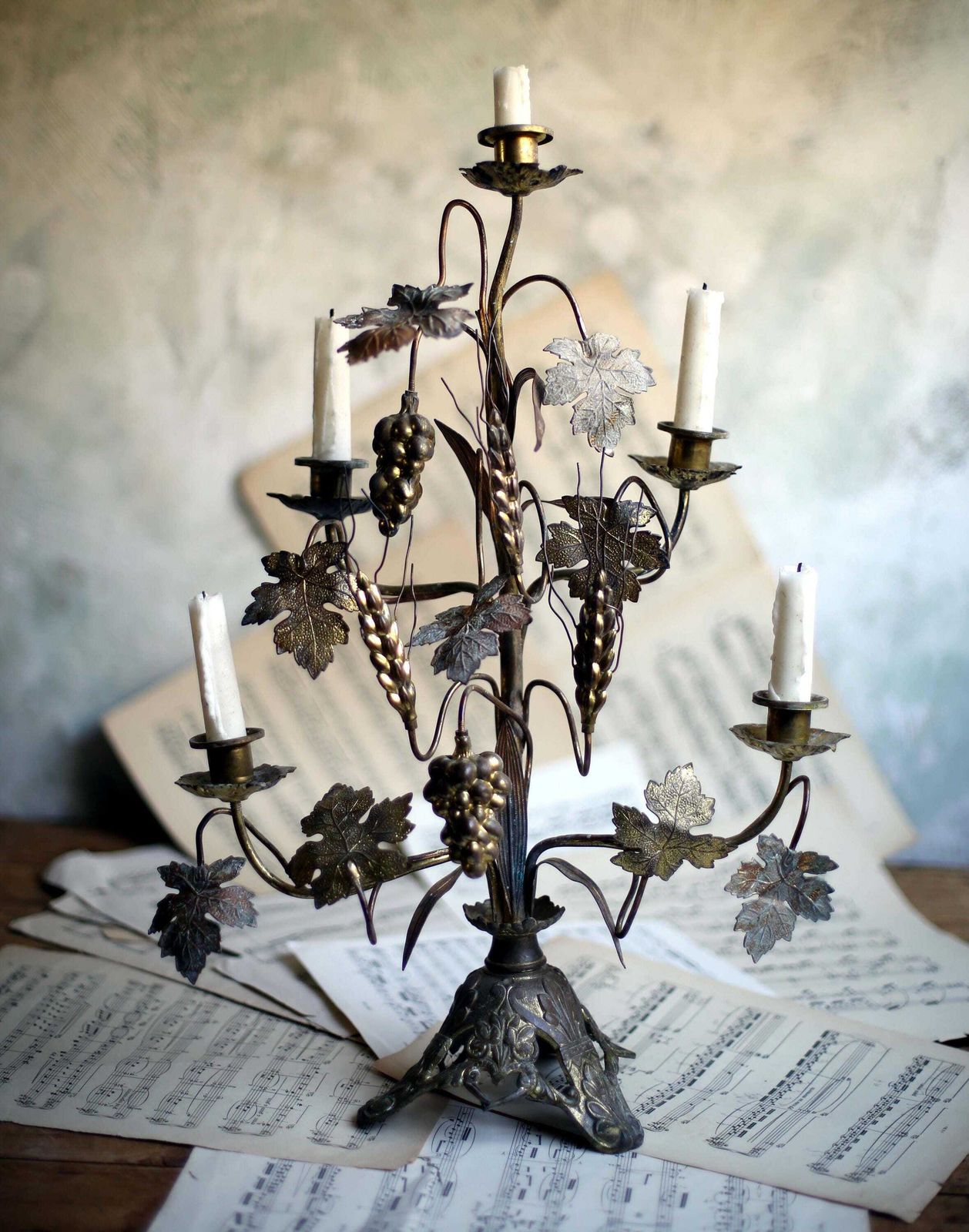 Antique Candelabra French Church Alter Piece Grape Vines & Wheat Bronze Rococo Gilded