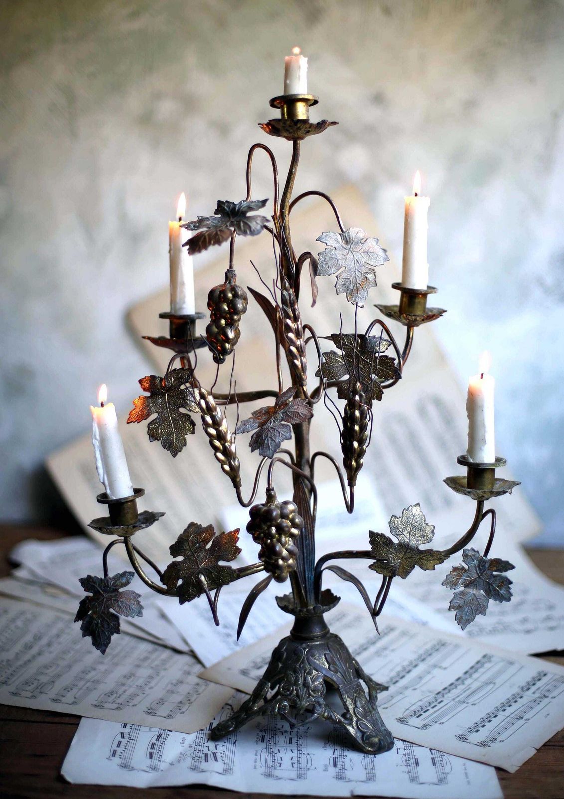 Antique Candelabra French Church Alter Piece Grape Vines & Wheat Bronze Rococo Gilded photo vintage