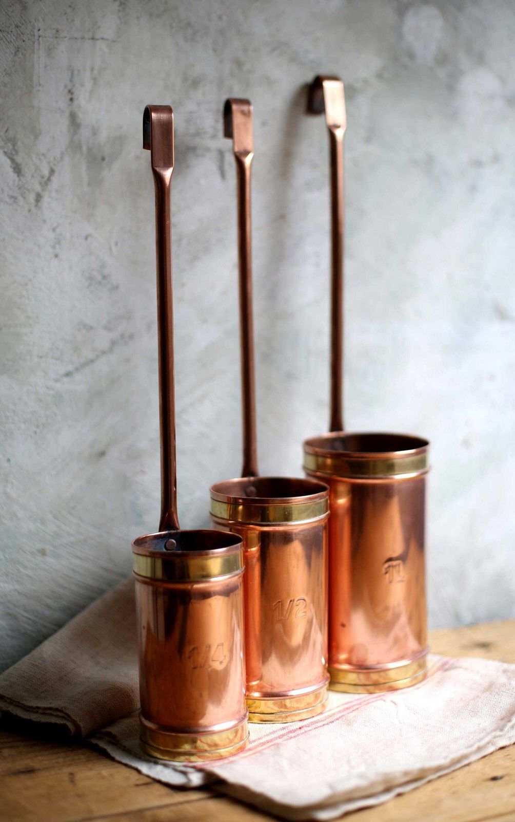 Set Of 3 Antique French Measures Copper & Brass Measuring Cups With Long Handles photo vinterior
