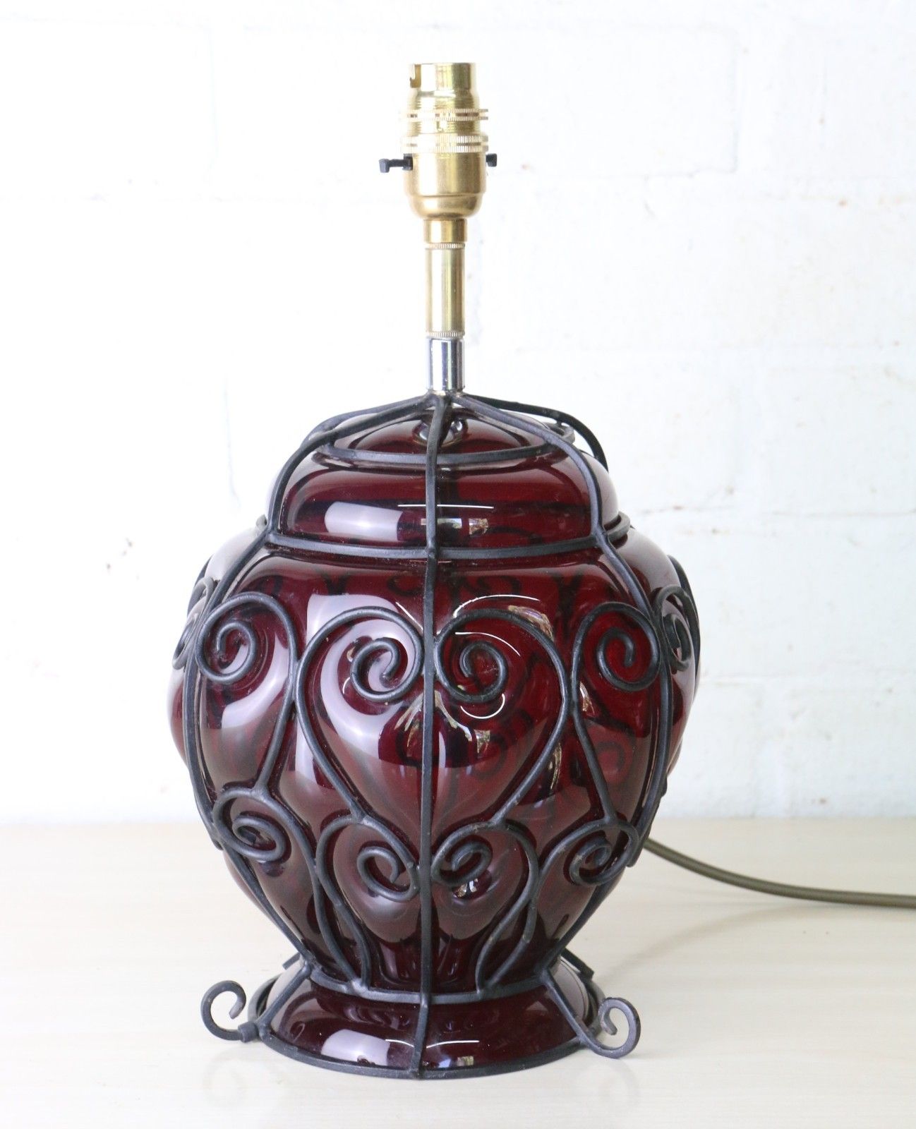 Antique Table Lamp Italian Cage Blown Glass Lamp Ruby Red 1920's Venetian Glass photo vinterior