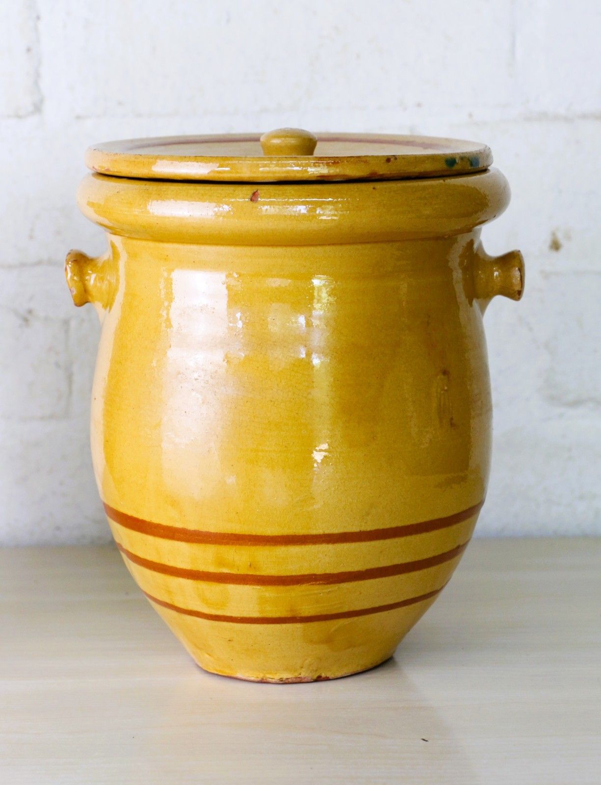 Two  Antique French Confit Pots & Lids Warm Yellow + Mustard Painted Ring Decor photo Home Decor