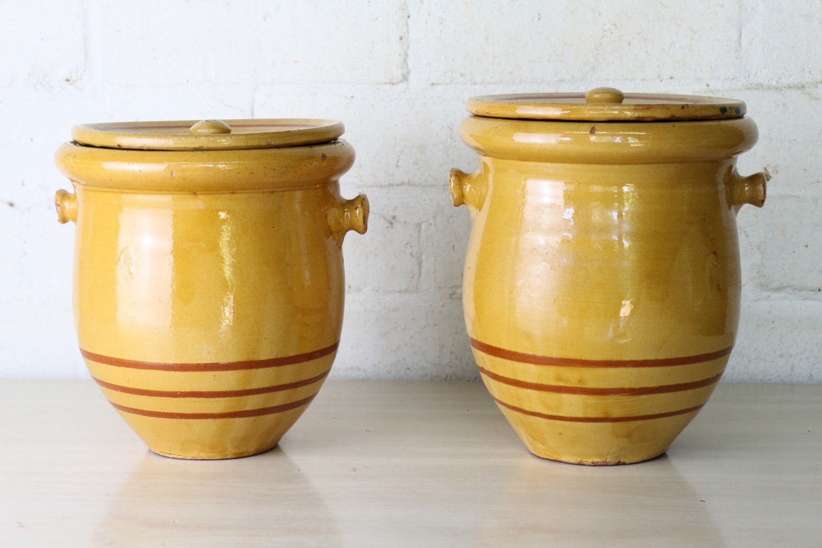 Two  Antique French Confit Pots & Lids Warm Yellow + Mustard Painted Ring Decor photo vinterior