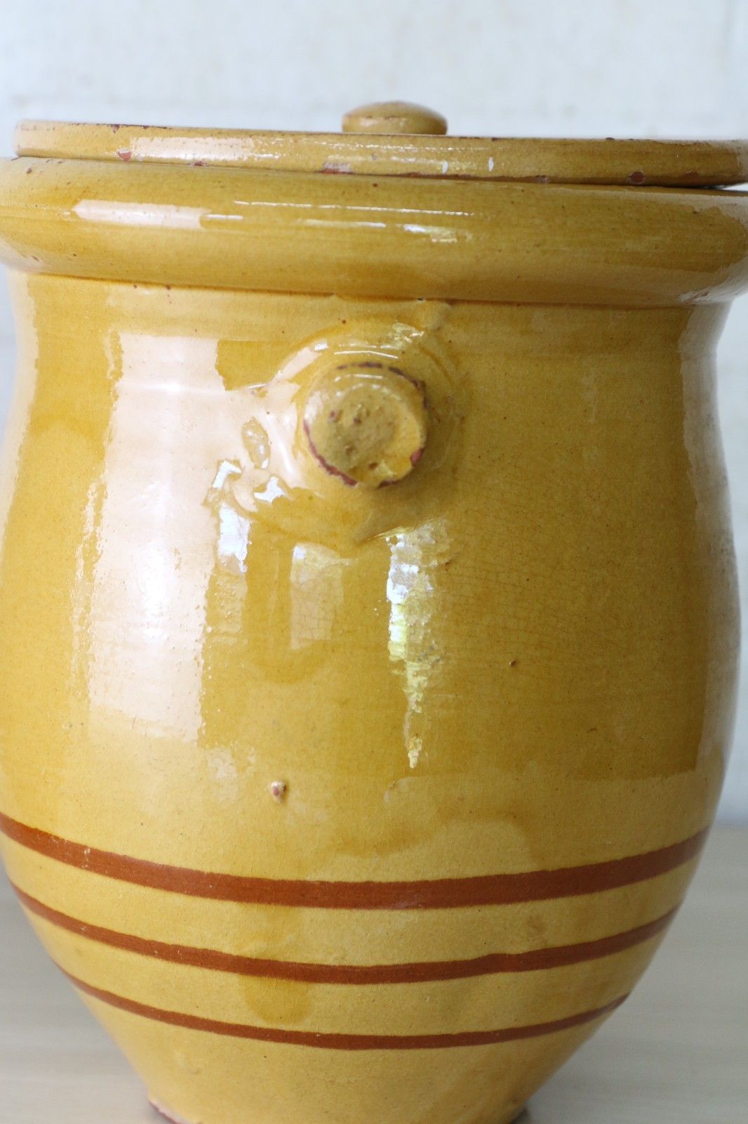 photo for sale Two  Antique French Confit Pots & Lids Warm Yellow + Mustard Painted Ring Decor
