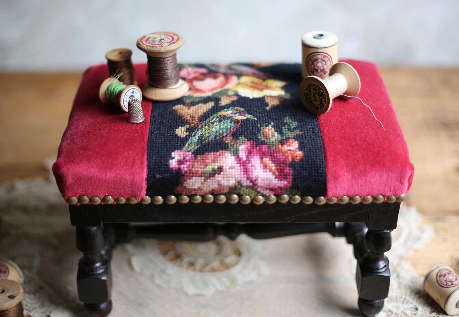 French Antique Embroidered Wooden Foot Stool Floral Needlepoint Kingfisher Tapestry Footstool photo vinterior