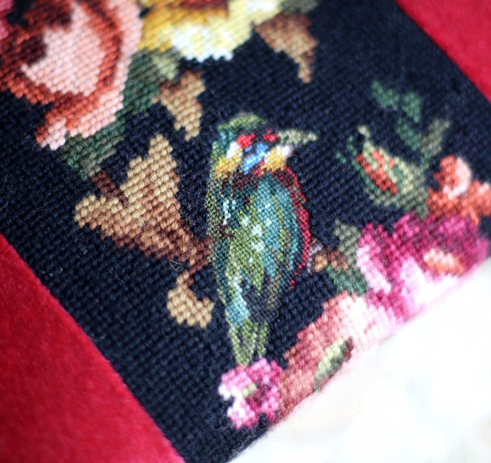 photo furniture French Antique Embroidered Wooden Foot Stool Floral Needlepoint Kingfisher Tapestry Footstool