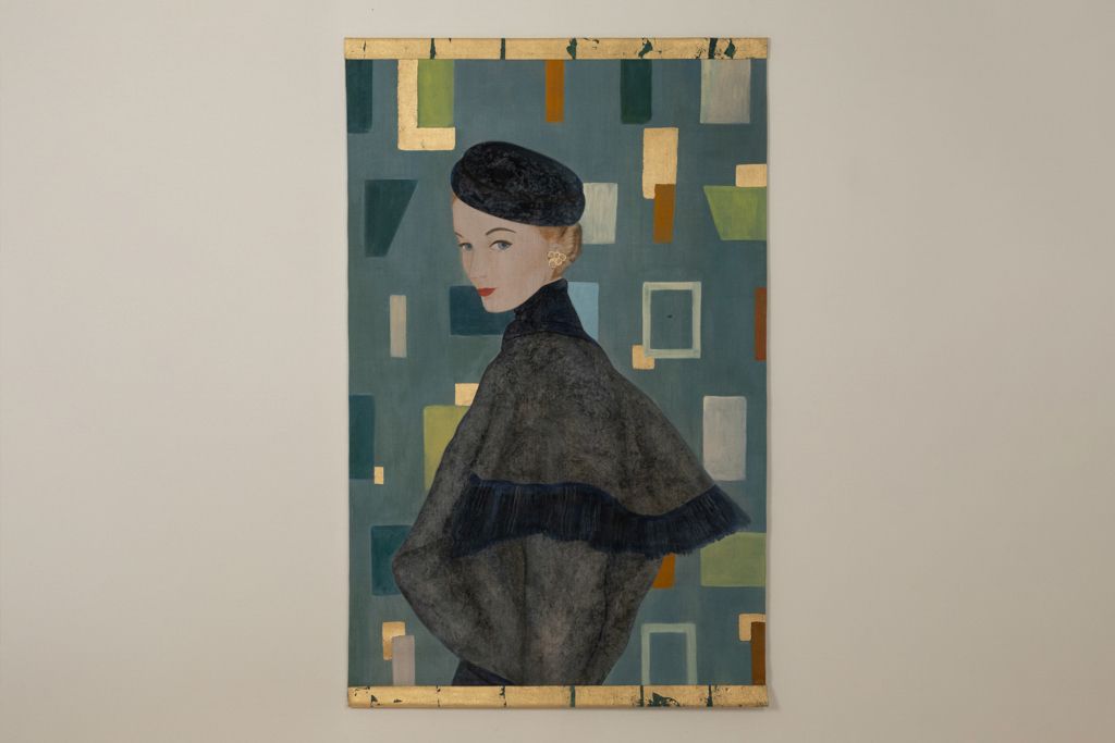 Painted Canvas Depicting A Woman From The 1950s. Contemporary Work. photo furniture