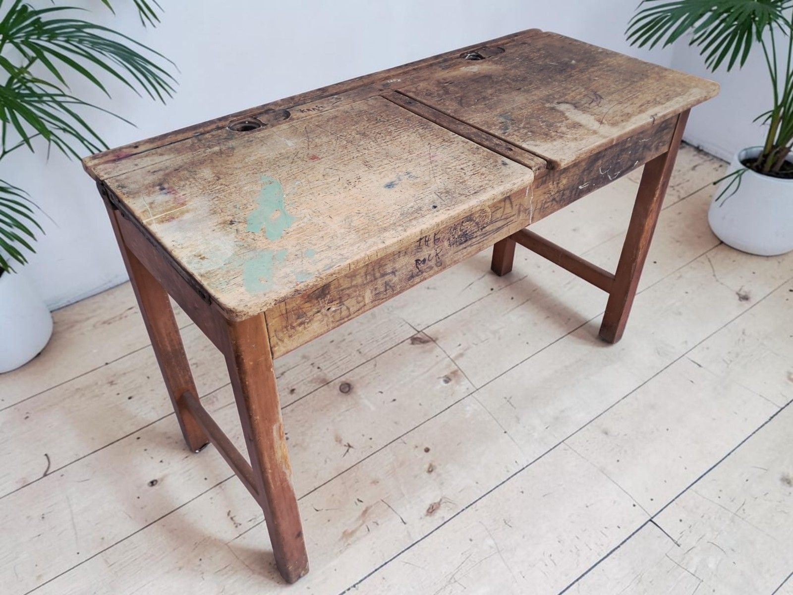Vintage Double School Desk Wooden Rustic Industrial Original Graffiti Desk 1970 photo vinterior
