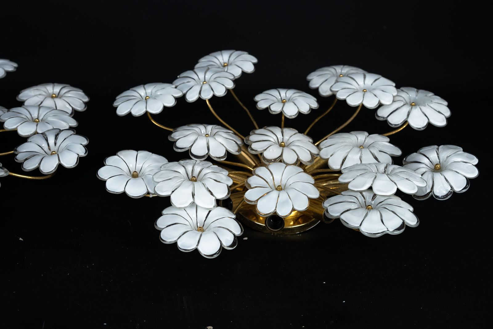 photo for sale Pair Of Murano White Flower Ceiling Lamps. Italy 1980s