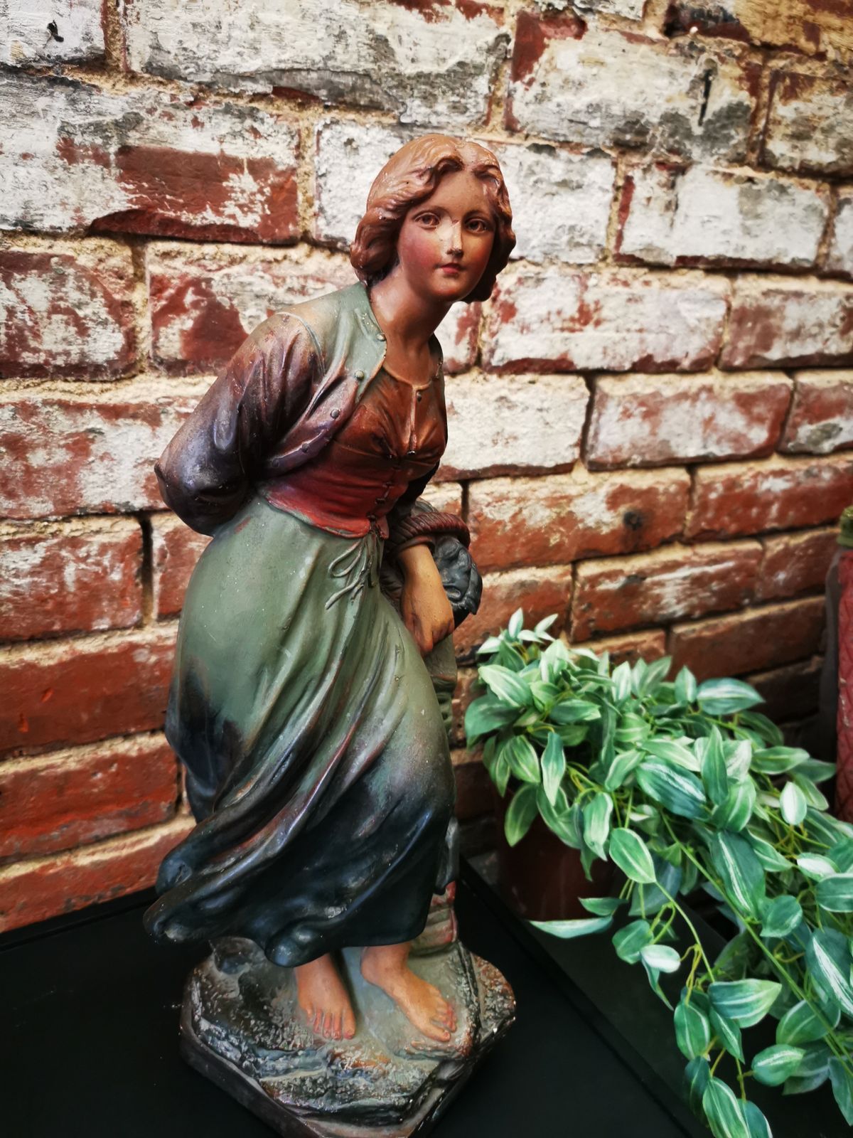Antique French Plaster Statuette Of Country Girl photo for sale