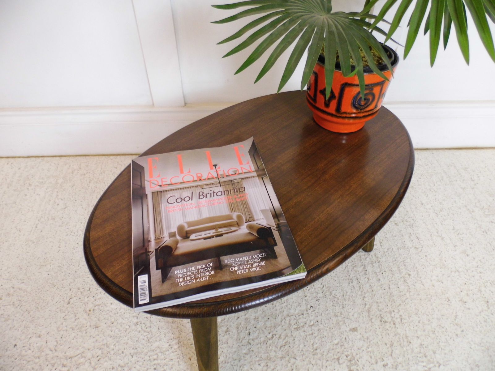 Vintage Retro Oak Formica Topped Oval Coffee Table Tapering Wooden Legs 1970s