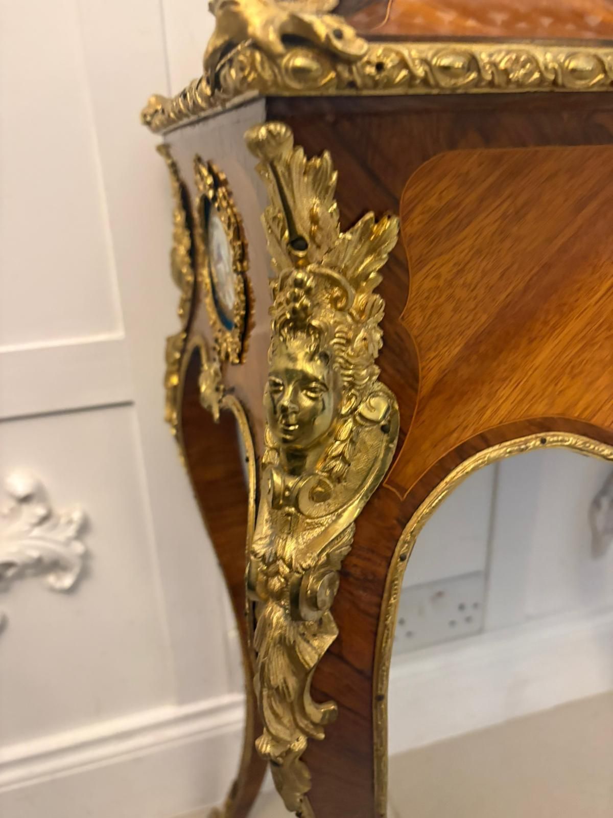 Antique French 19th Century Ormolu Mounted Kingwood Jardiniere Stand Porcelain Plaque photo vinterior