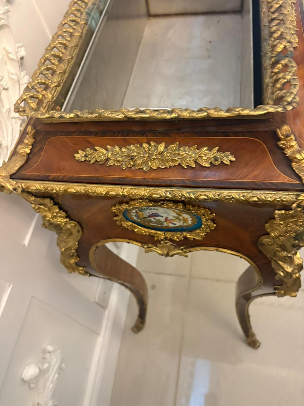 Antique French 19th Century Ormolu Mounted Kingwood Jardiniere Stand Porcelain Plaque photo vintage