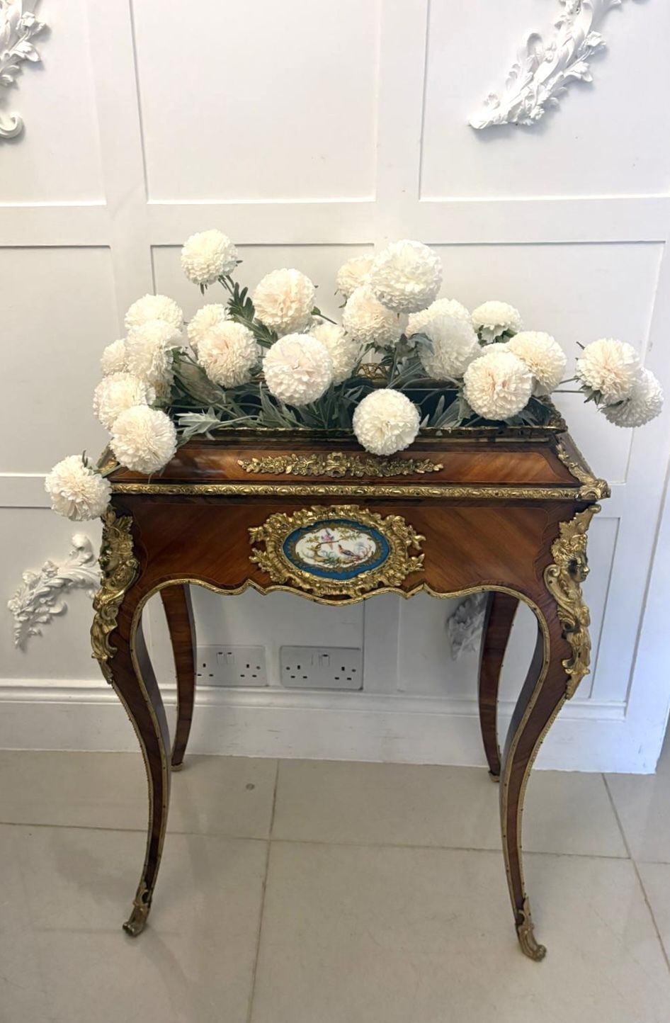 photo furniture Antique French 19th Century Ormolu Mounted Kingwood Jardiniere Stand Porcelain Plaque