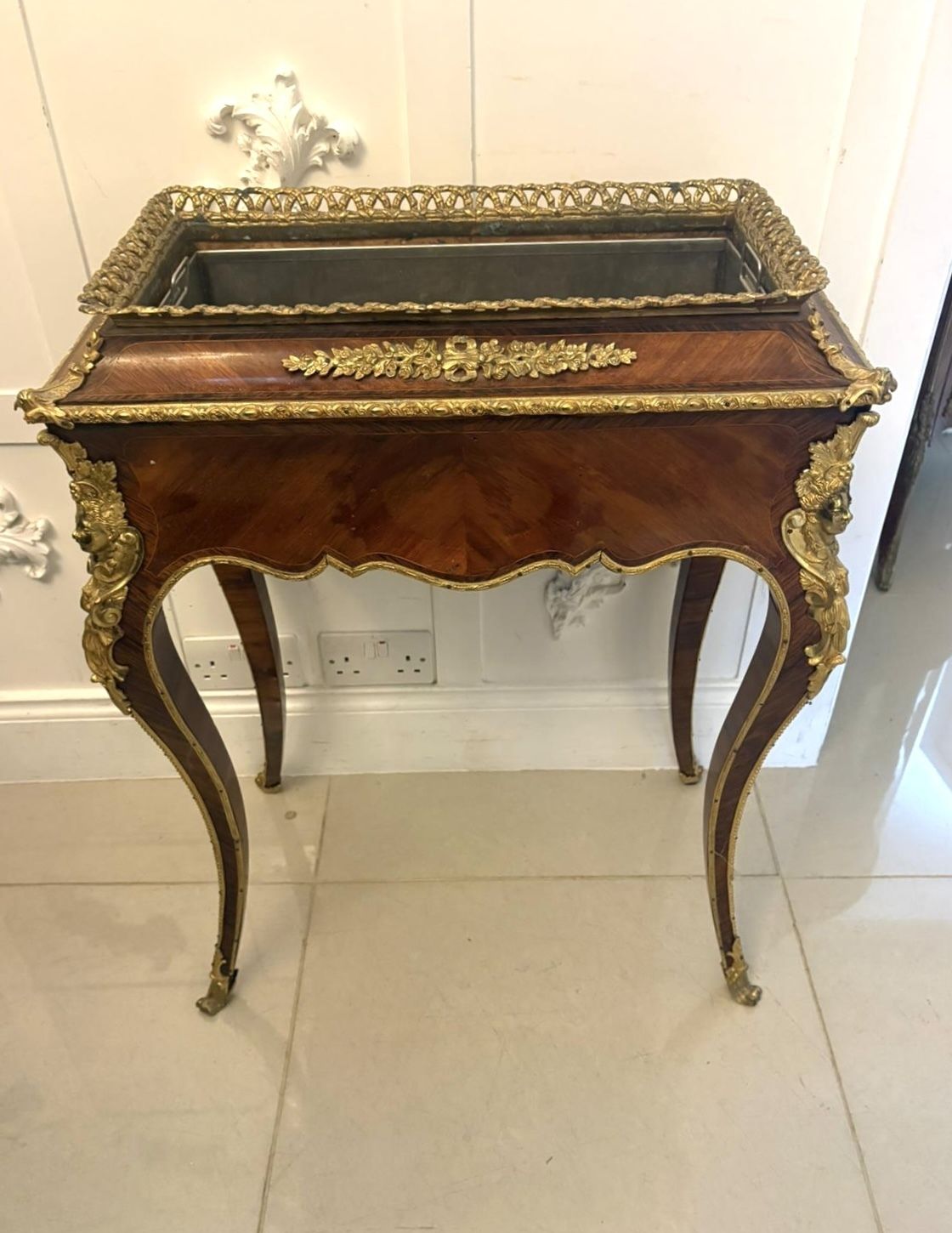 photo vinterior Antique French 19th Century Ormolu Mounted Kingwood Jardiniere Stand Porcelain Plaque